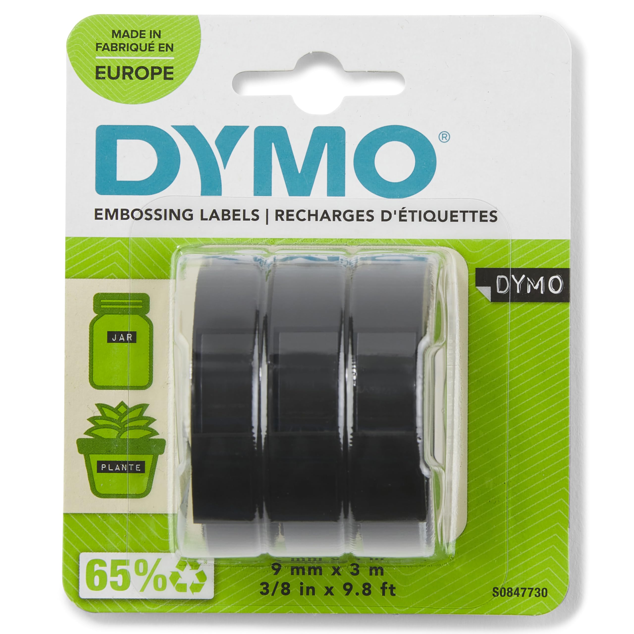 DYMO Original Prägeband | 3D weiß auf schwarz | 9 mm x 3 m | selbstklebendes Kunststoff Etikettenband | für Junior & Omega Beschriftungsgerät | 3 Prägebänder