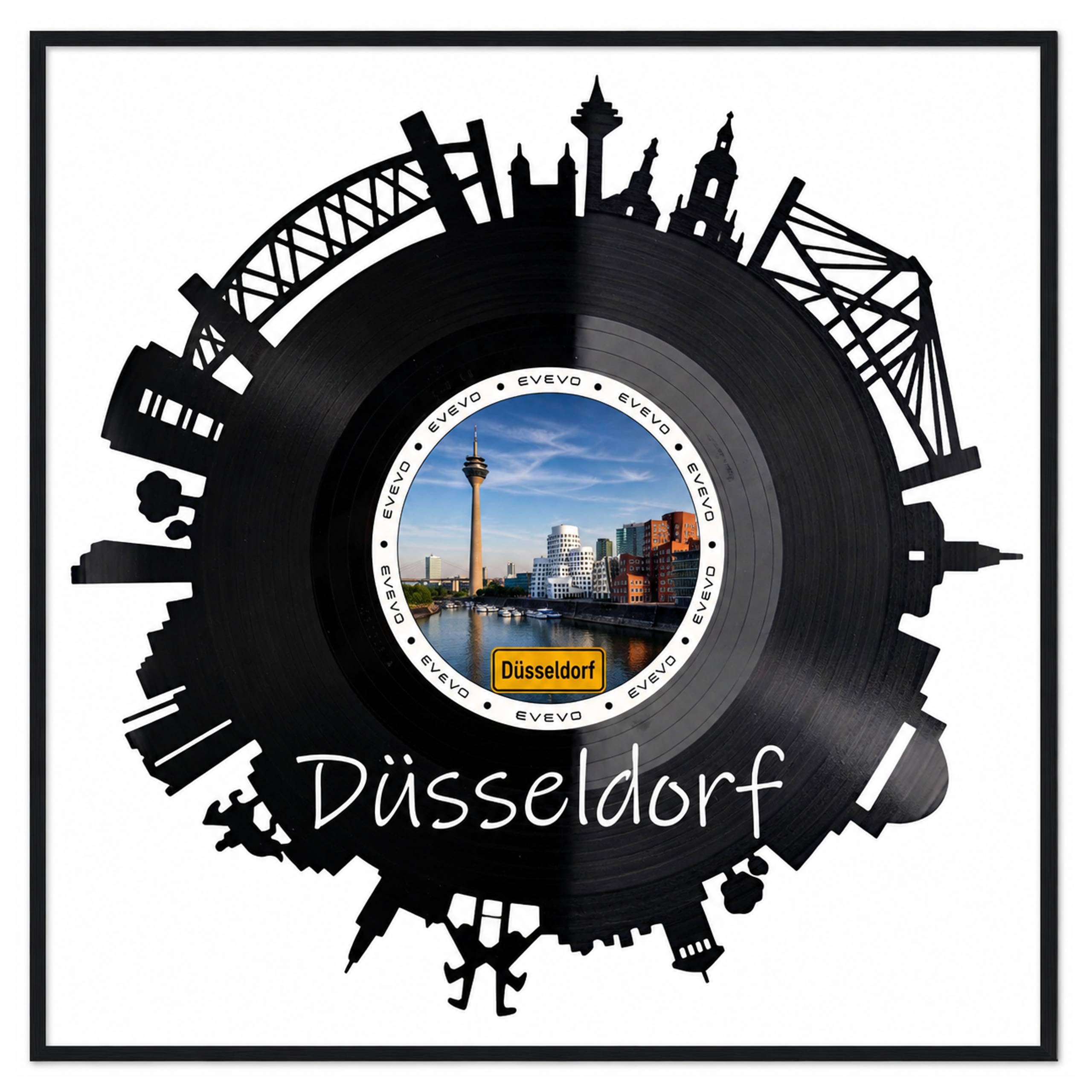 EVEVO Dekoracja ścienna z płyty gramofonowej w ramie 32 x 32 cm Düsseldorf – winylowa sztuka ścienna, nowoczesna panorama, prezent dla fanów architektury Dusseldorfu