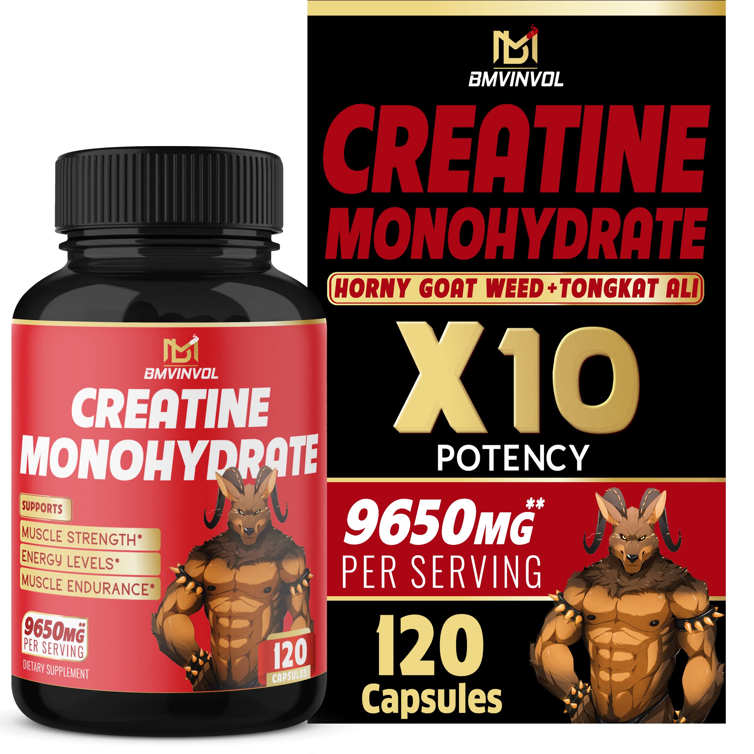 Creatine Monohydrate Capsules 9650mg - 2 Months Supply - Horny Goat Weed, Ginseng, TongKat AIi - Energy Support Supplement...