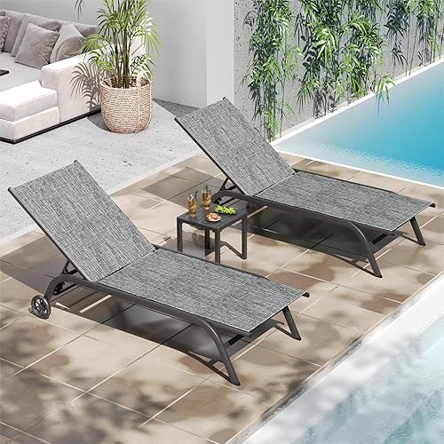 UDPATIO Chaise Lounge Outdoor Set of 3, Aluminum Lounge Chair, 5 Adjustable Position Backrest Pool Lounger with Wheels and Side Table for Patio Pool Patio (Grey)