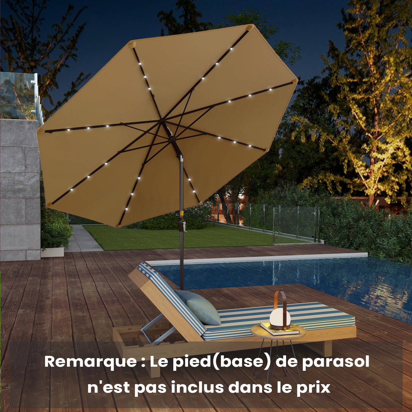 RELAX4LIFE Parasol Inclinable LED Dia.3M avec Éclairage Solaire, 8 Baleines, Inclinaison Réglables Parasol de Jardin Extérieur pour Balcon Terrasse Patio Café Bistro (Beige, Φ300x250cm)