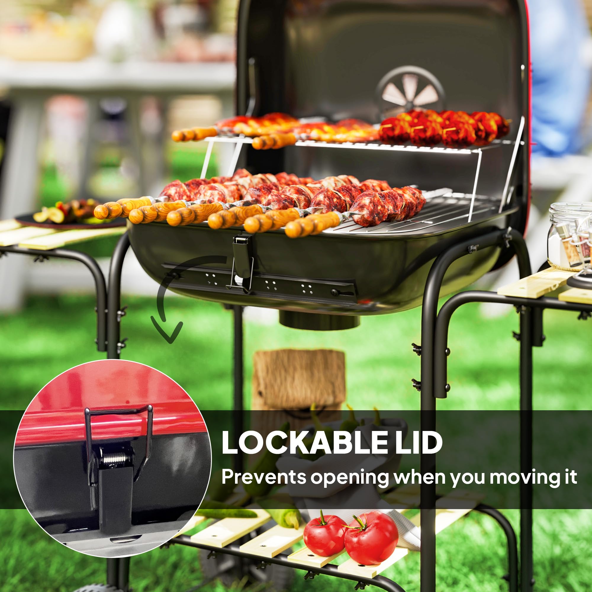 Outsunny Holzkohlegrill Tragbarer BBQ Grill mit 1840cm² Kochfläche, 3 Ablagen, verstellbarer Entlüftung, abschließbarer Deckel, Räder für Kochen im Freien, Gartenparty, Rot | 1840 cm² Kochfläche, verstellbarer Lüftungsschlitz, verschließbarer Deckel, Räde