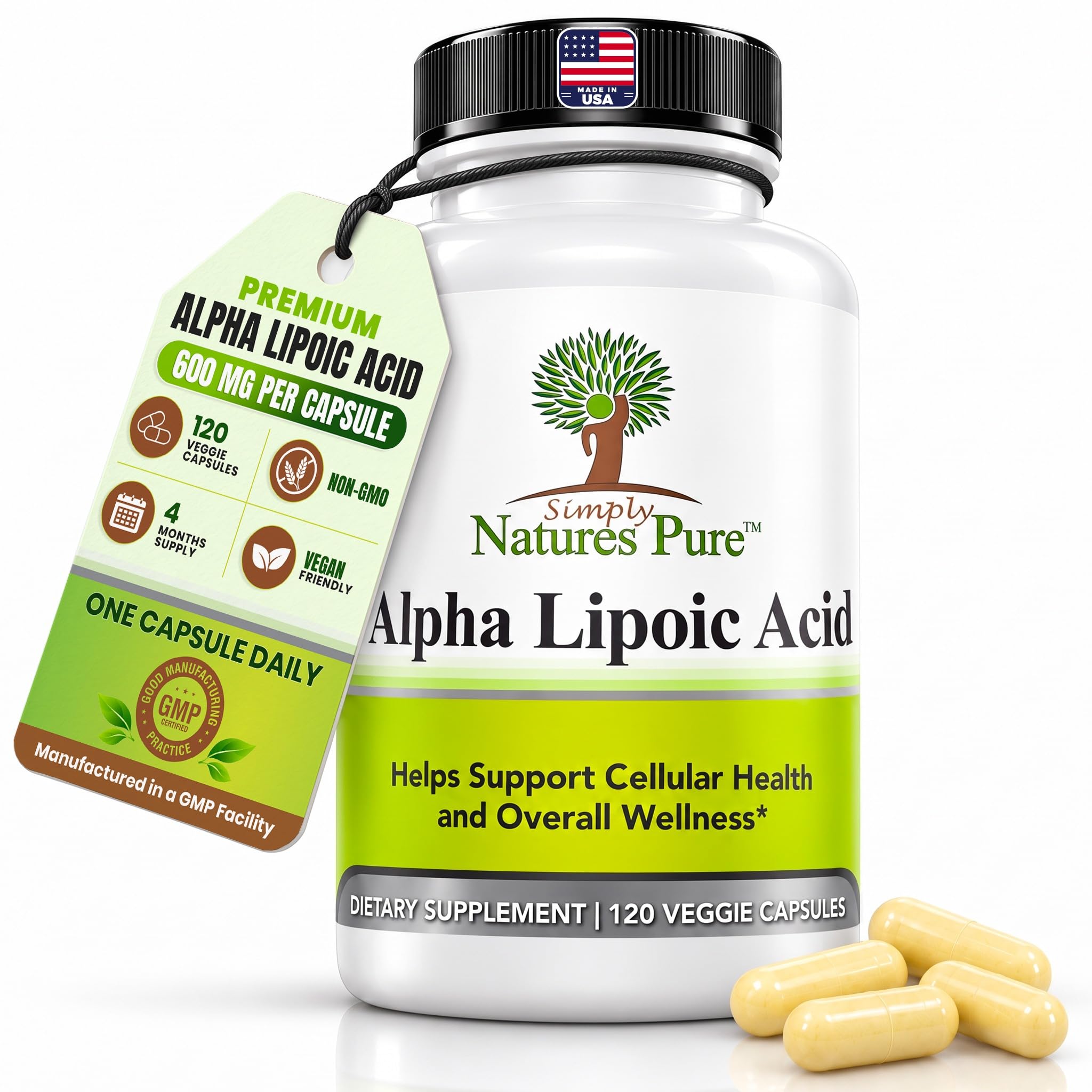 Απλά Φύση Pure Alpha Lipoic Acid 600mg 120 κάψουλες Veggie, μη GMO Thioctic Acid 4 Μήνας προσφοράς