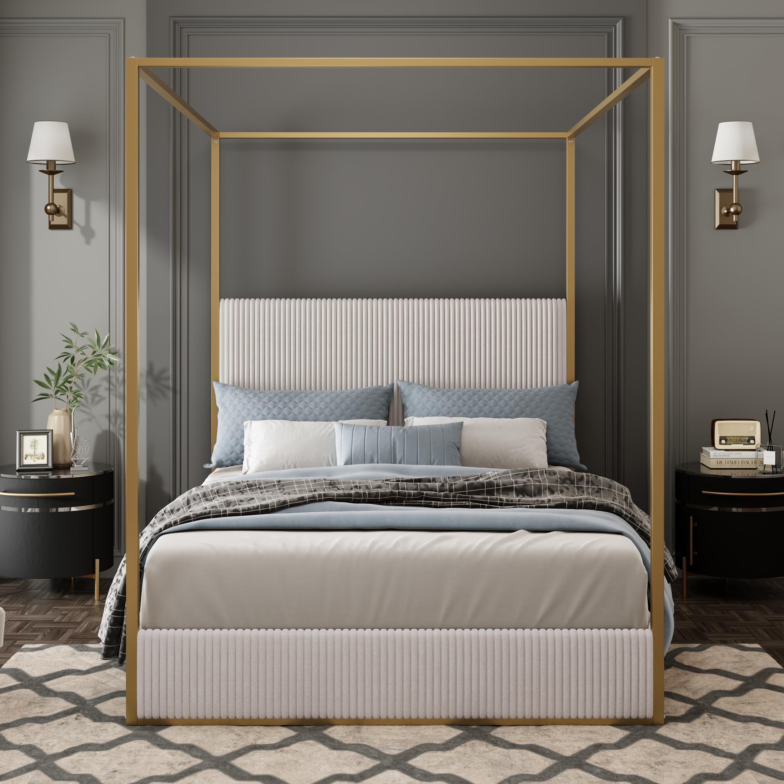 Merax Modern Luxury King Metal Canopy Bed with Tall Upholstered Headboard and Gold Four Poster, No Box Spring Needed, Beige