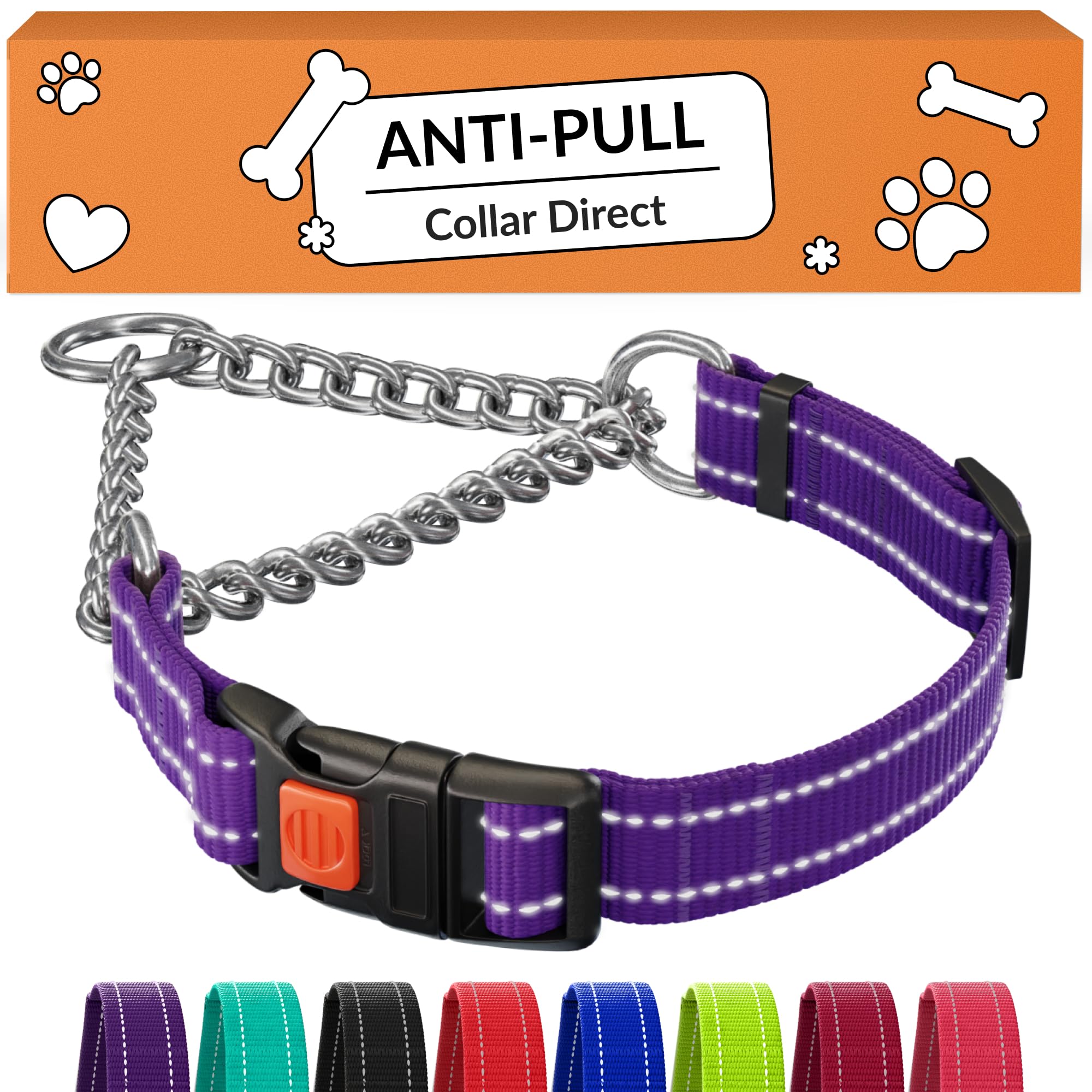 CollarDirect Martingale Dog Collar with Stainless Steel Chain and Quick Release Buckle - Reflective Collar for Large, Medium, Small Dogs - Purple,