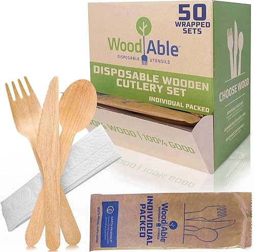 WOODABLE Juego de cubiertos de madera envueltos desechables y compostables, ecológicos, sostenibles, orgánicos, biodegradables, veganos, 50 paquetes