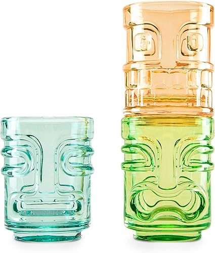 Tiki - Vasos de chupito para cócteles, juego de vasos de chupito apilables tropicales, vidrio de color Tiki, capacidad para 2 onzas, multicolor,