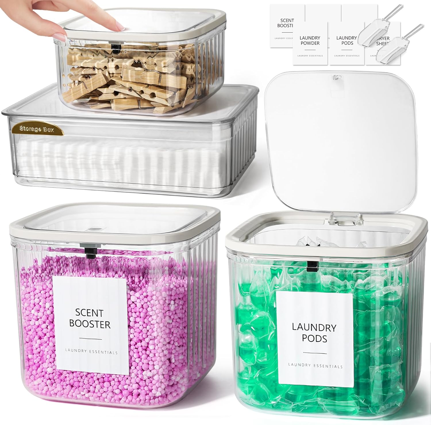 Laundry Pods Container, 4 Pack Laundry Powder Dispenser and Dryer Sheet Holder for Laundry Room Organization Decor, Ribbed Plastic Laundry Pod Beads Detergent Containers for Storage