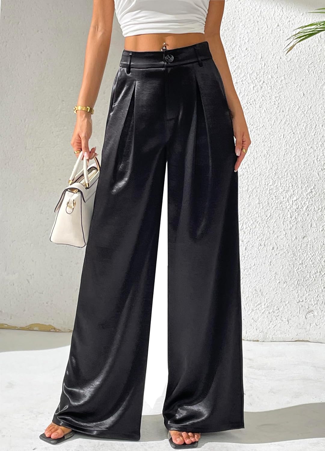 Women's Wide Leg Palazzo Pants Satin Silky Dressy Casual Shiny Sparkle Sequin Party Night Out Work Trouser - Image 3