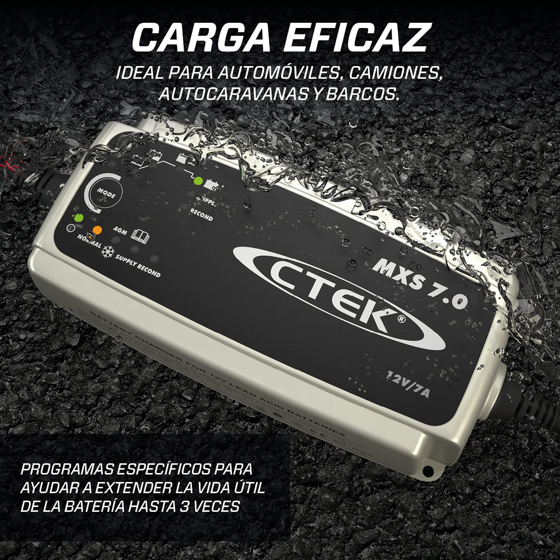 CTEK MXS 7.0 Cargador Batería 12V 7A, para Baterías De Vehículos Más Grandes, Barco, Camión, Caravana Y Vehículo De Recreo, Desulfatador De Batería con Función De Alimentación Y Opción AGM Dedicada