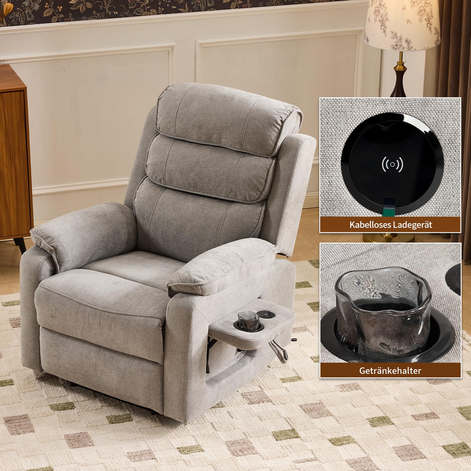 LEADZM Fernsehsessel Relaxsessel mit drahtloser Ladevorrichtung, 1 USB-Anschluss, 1 USB-C-Ladeanschluss, Liegen TV Sessel mit Heizung, Vibrationsmassage, Seitentaschen, Getränkehalter (Hellgrau)