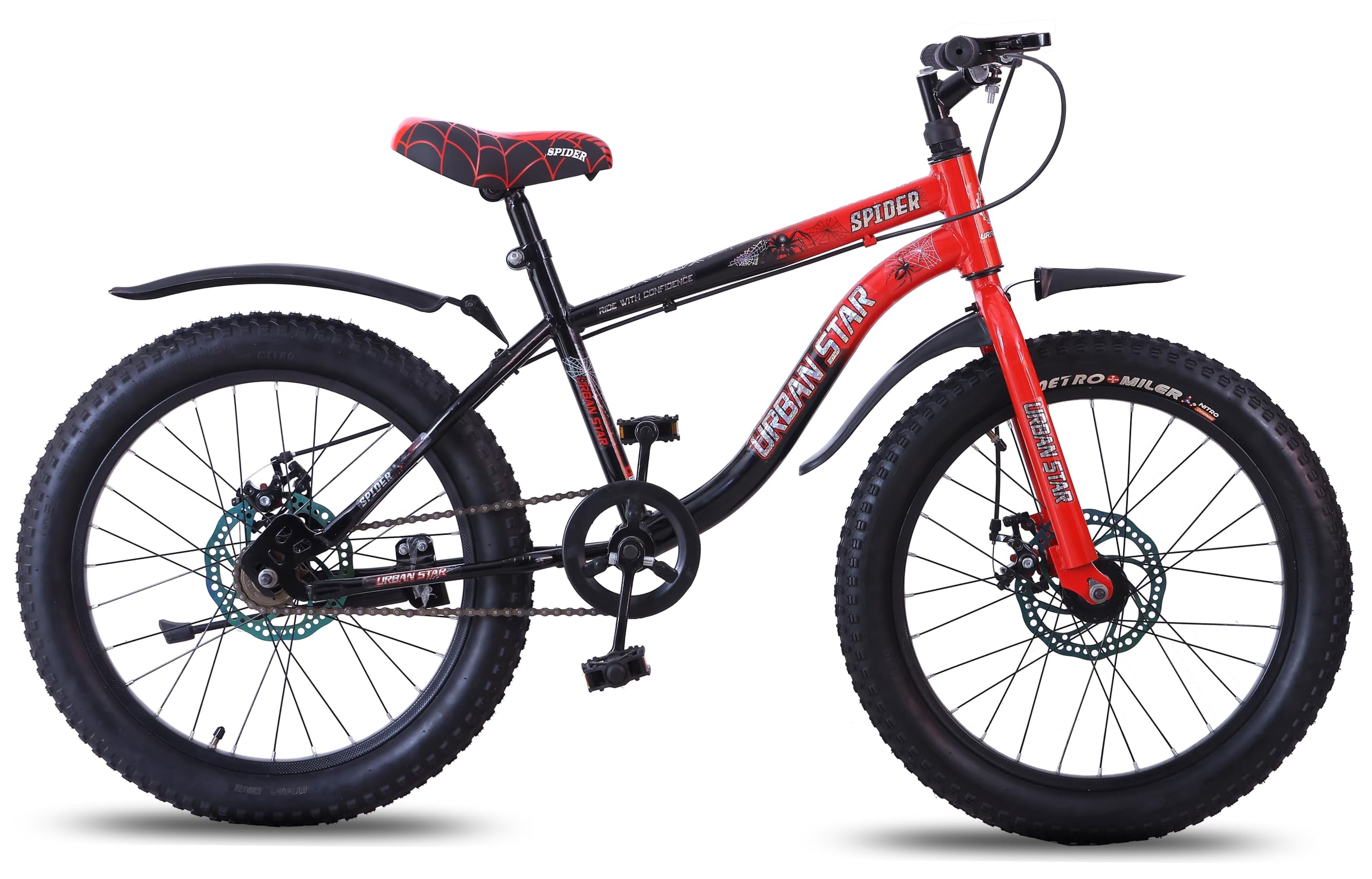 URBANSTAR Spider | 20T BMX | Double DISC |Heavy Strong Tyres Semi Assembled | 20 inch Cycle (Single Speed, Black/Red)