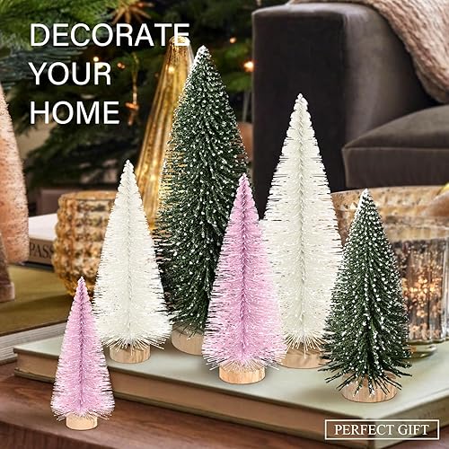 Miniatura 5 de Hatisan 6 piezas de mini árboles de Navidad, árboles de cepillo para botellas pequeñas con base de madera, árboles de Navidad artificiales para