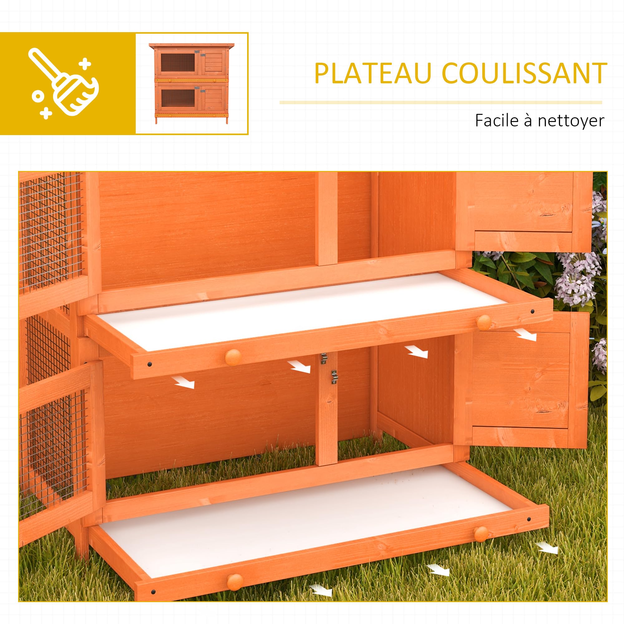 PawHut Clapier à Lapin Double Niveau Toit Ouvrant 90L x 45l x 90H cm | Cage à Lapin, Plateaux Coulissants, 4 Portes Verrouillables