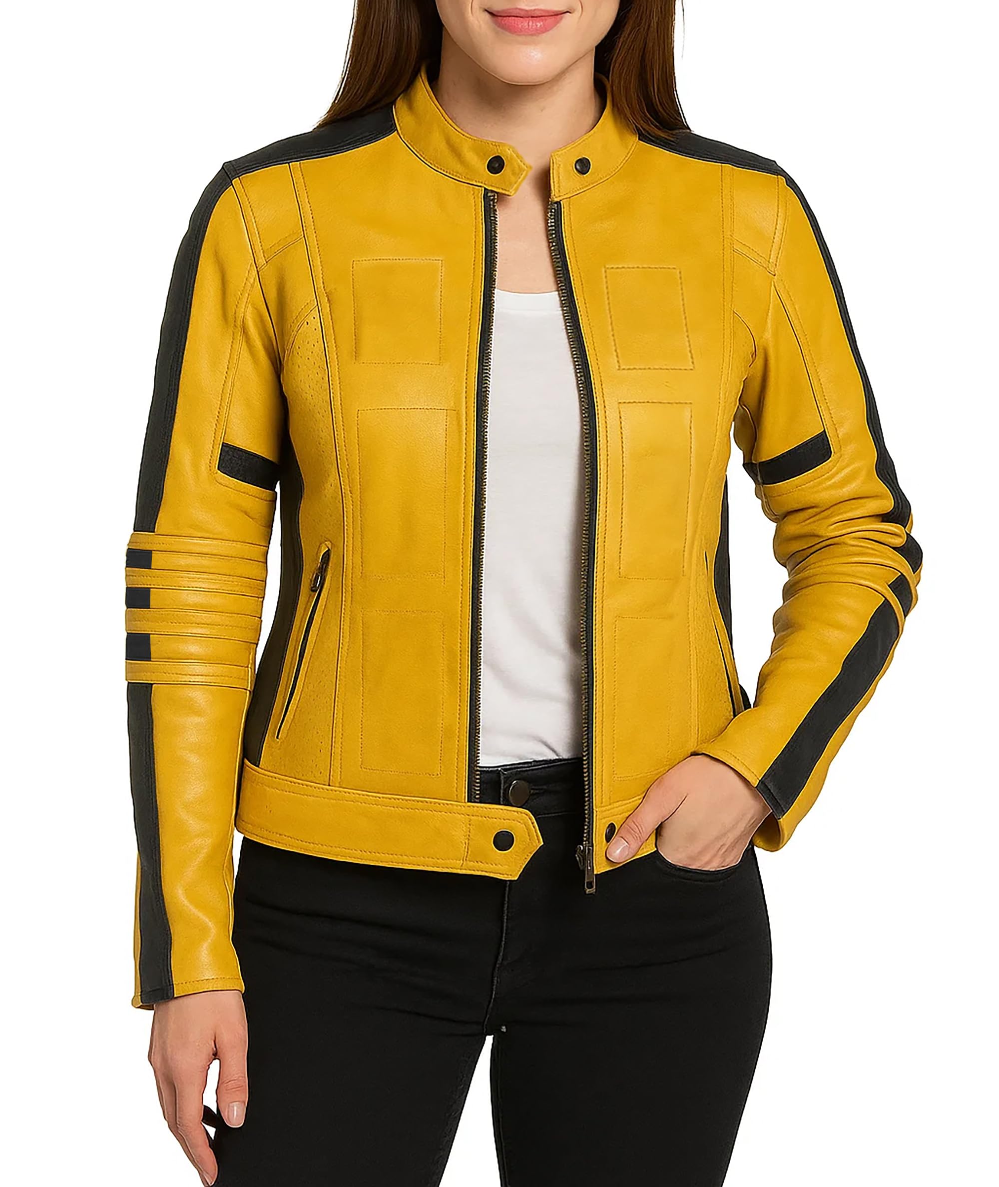 Womens Fashion Cosplay Bikers Yellow Motorcycle Leather Jacket And