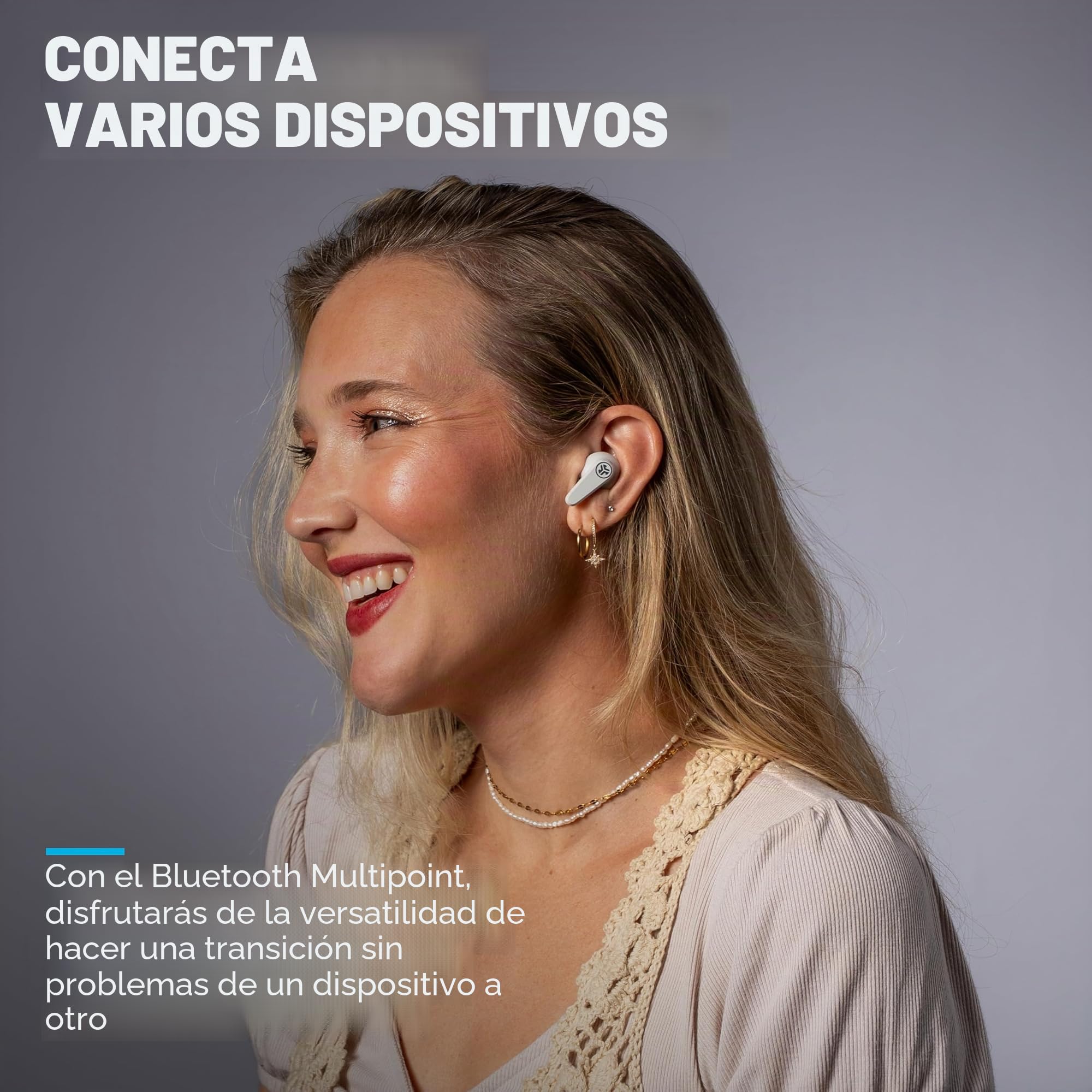 JLab Go Pods ANC Auriculares Bluetooth - Cancelación Ruido, Blanco | Cancelación activa de Ruido Híbrida, Autonomía 26h+, Llamadas Claras, Multipunto, Modo Ambiente, IP55, Audio con App