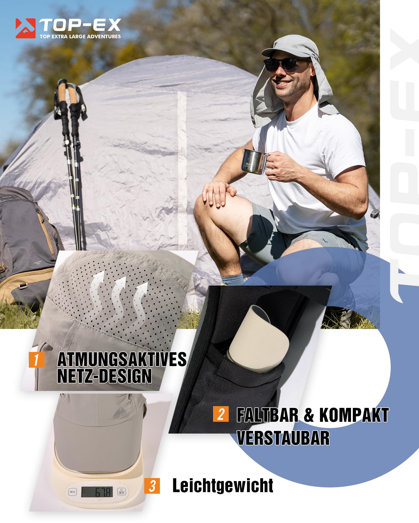 TOP-EX XL/XXL męska czapka bejsbolowa ze zdejmowaną klapką na kark, ochrona przed promieniowaniem UV, damska czapka przeciwsłoneczna, składana czapka na lato, safari, wędrówki, czapka outdoorowa