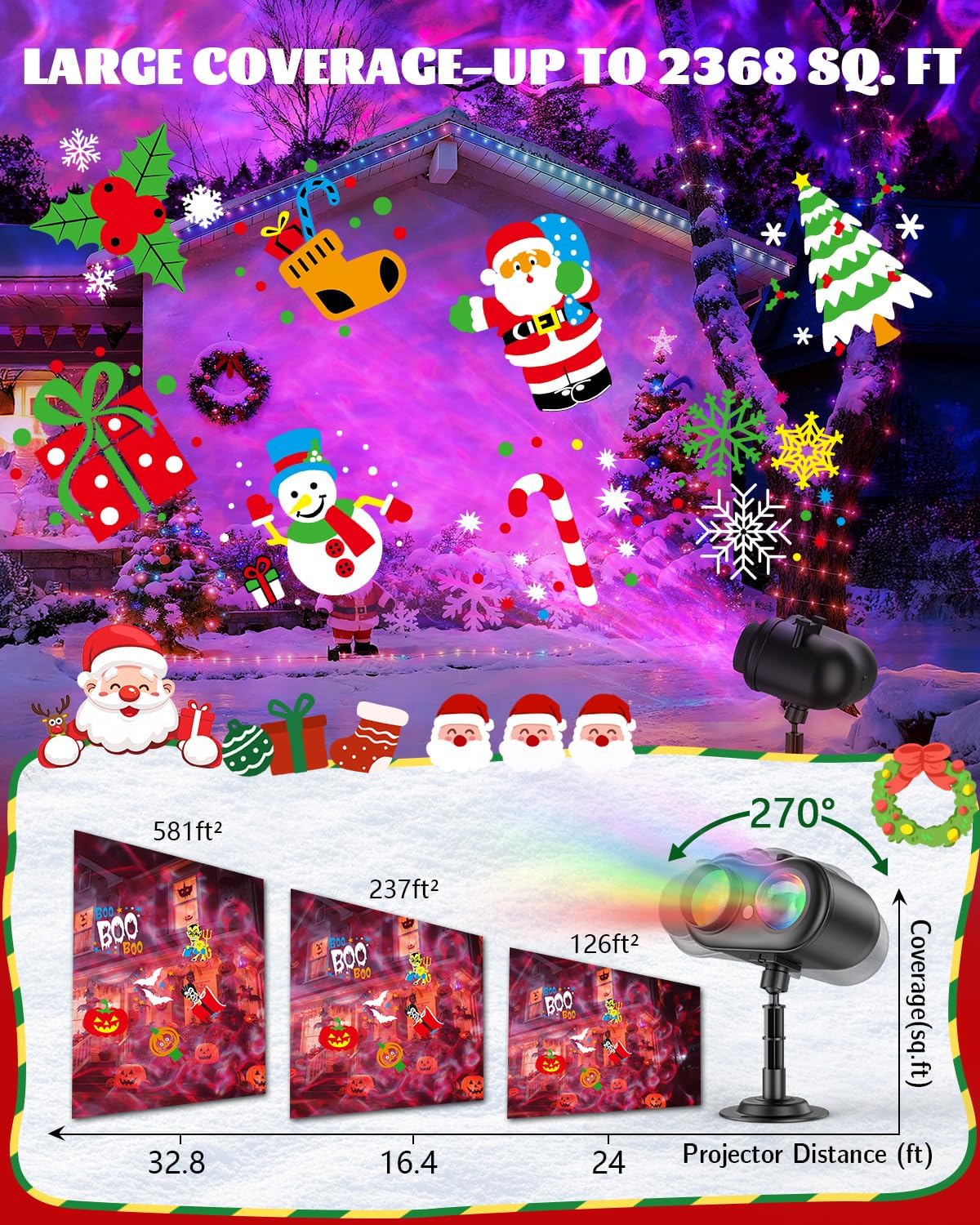 Christmas Projector Lights Outdoor, 3 in 1 Holiday Projector Light with Green Star, 20 HD Slides, 160 Pattern, 10 Ocean Wave, Christmas Light Projector Outdoor with Timer for Party Patio Decoration