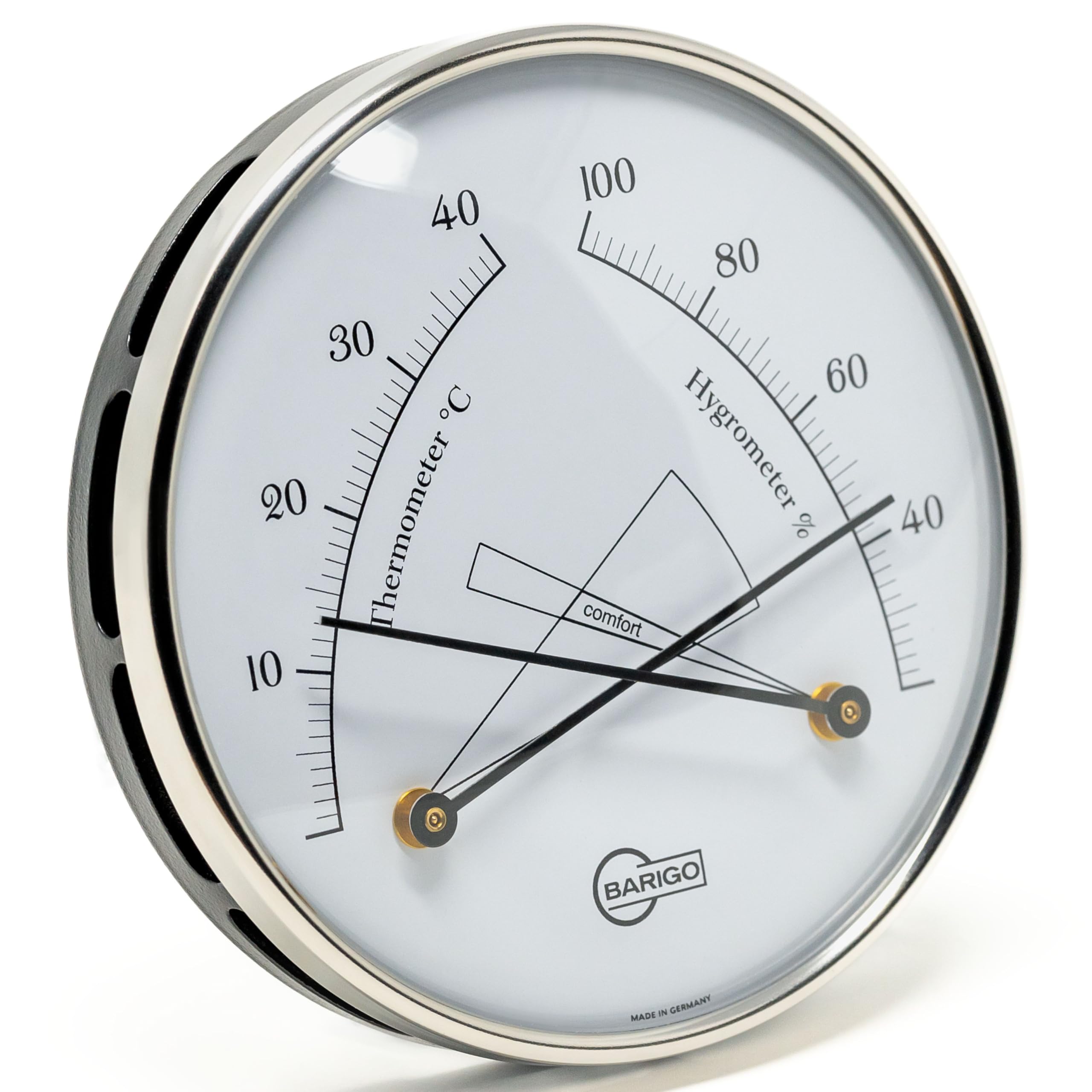 BARIGO 8862 Raum-Klimamesser, Glas, pulverbeschichteter Edelstahl schwarz | Messbereich 20-100 % r. F. und 0-40 °C, Thermohygrometer, Luftfeuchtigkeitsmesser, 100 mm Durchmesser, Made in Germany