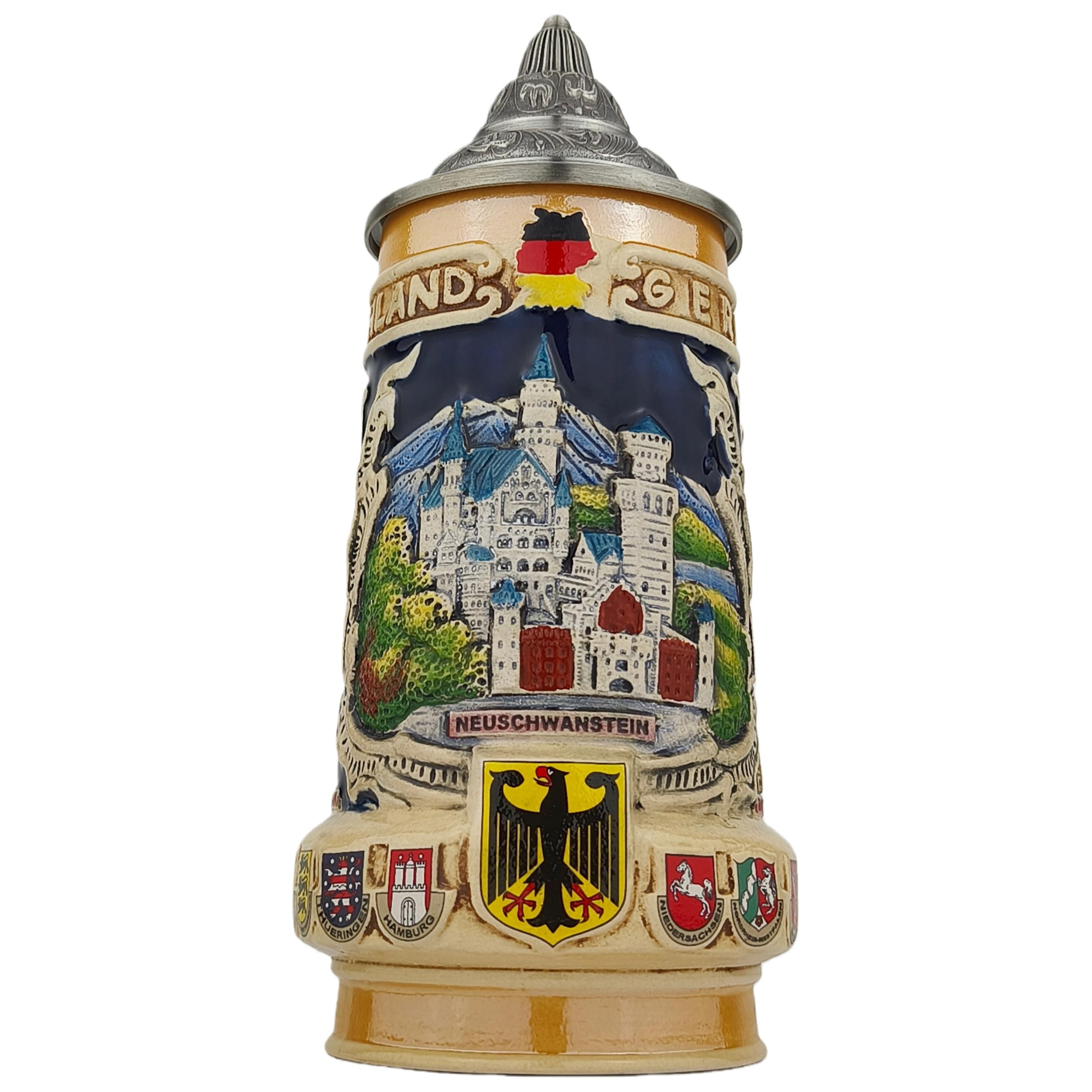 Jarra de cerveza alemana con tapa, 0,7 l, jarra de piedra tradicional con diseño de Neuschwanstein, cuerda de cerveza hecha a mano para fiesta, hogar y colección, regalo para hombres, padres