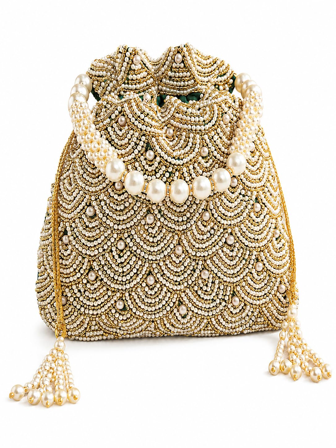 athz Potli Bag for Women Green, Bead Work, White Beads Design Fabric Matka Design Round Ethnic Dress Accessory Handbag 10 inch x 9 inch-picture-51