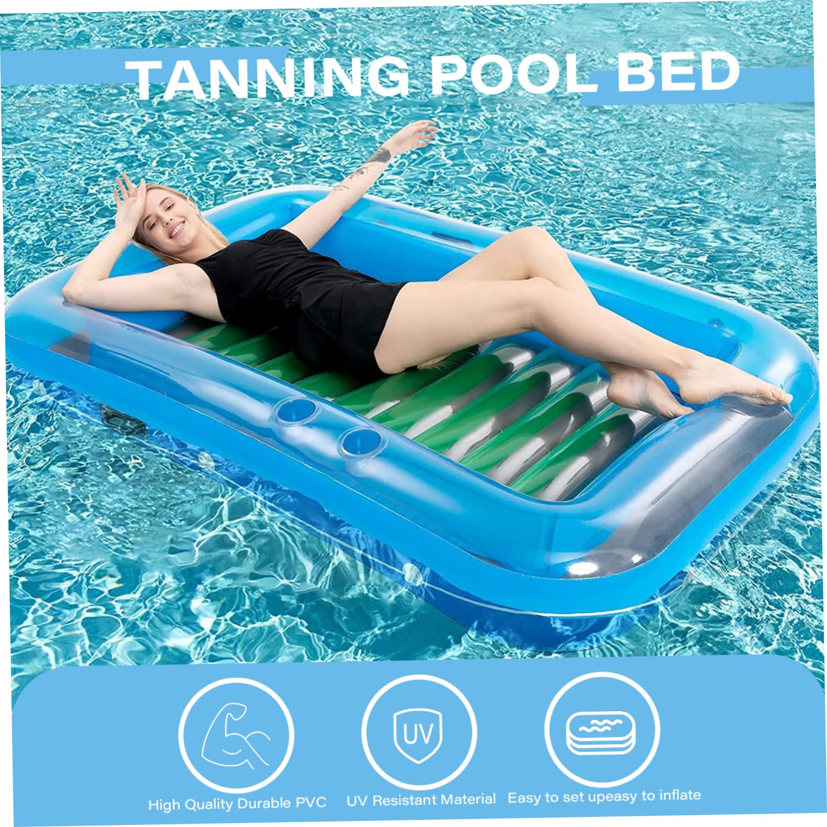 Opblaasbaar Zonnebadbed Met Kussen 175 X 100 X 20 Cm - PVC Ligbed Met Bekerhouder