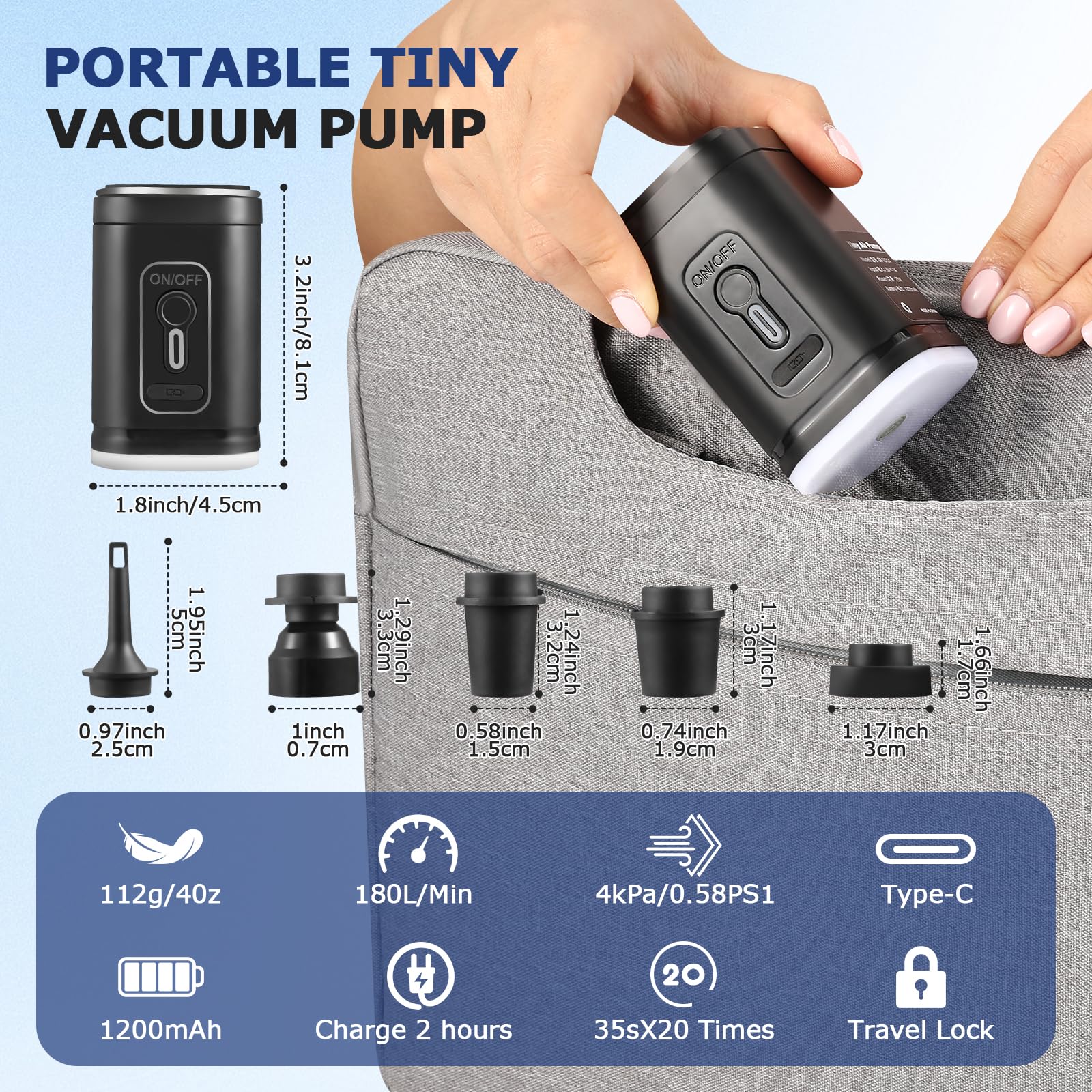 TPU-Vakuumbeutel für Reisen, wiederverwendbarer Kompressionsbeutel aus 70D-Nylon mit wasserdichtem IP67-Reißverschluss, Kompressions-Packwürfel für Kleidung(Grau, 2 Stück + Pumpe)
