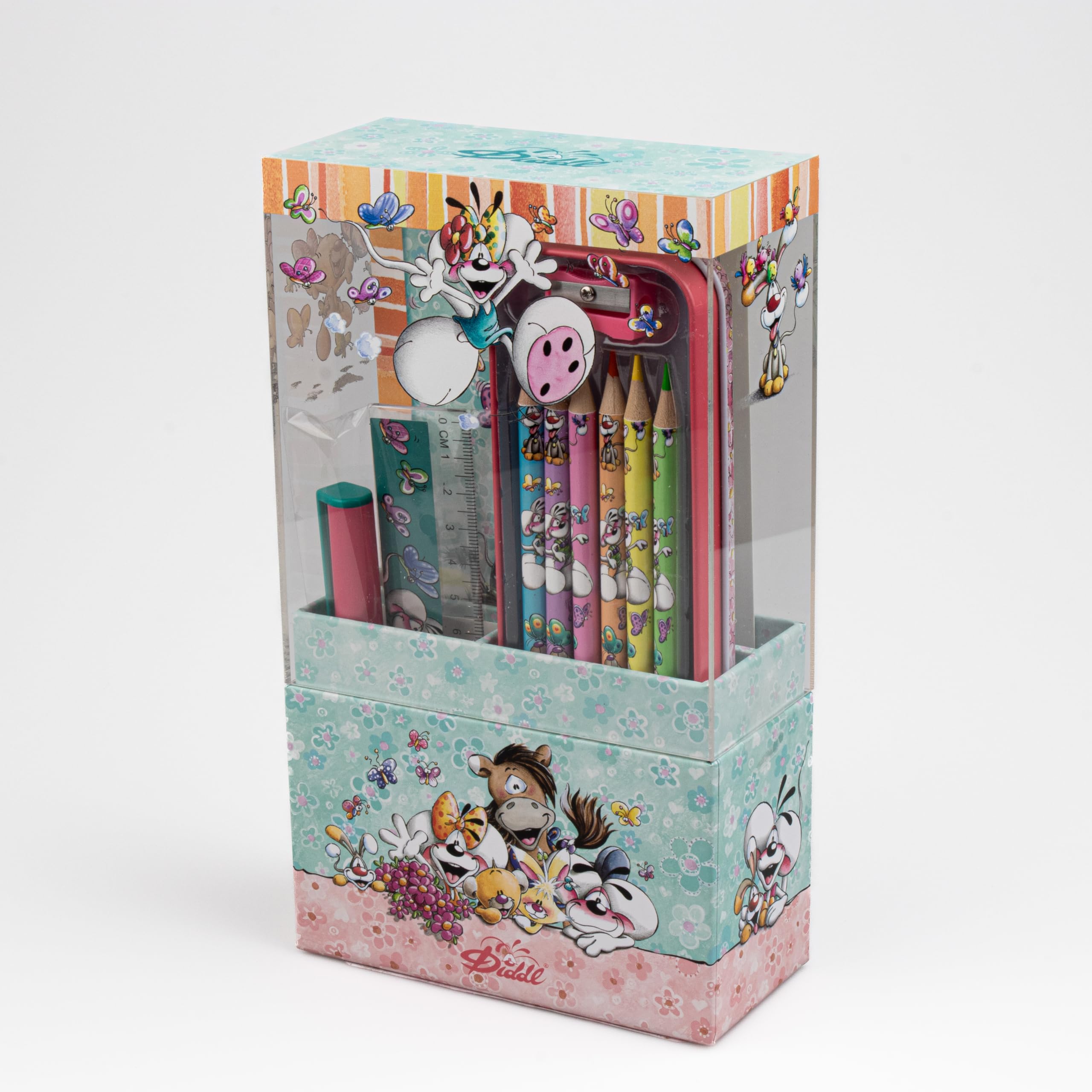 Diddl Schreibset A6, Notizbuch, Kugelschreiber, Lineal, Radiergummi, Federmäppchen mit 6 Buntstiften, Anspitzer und Büro-Organizer, Schreibwarenset – Geschenkidee für Kinder und Fans Nostalgie der