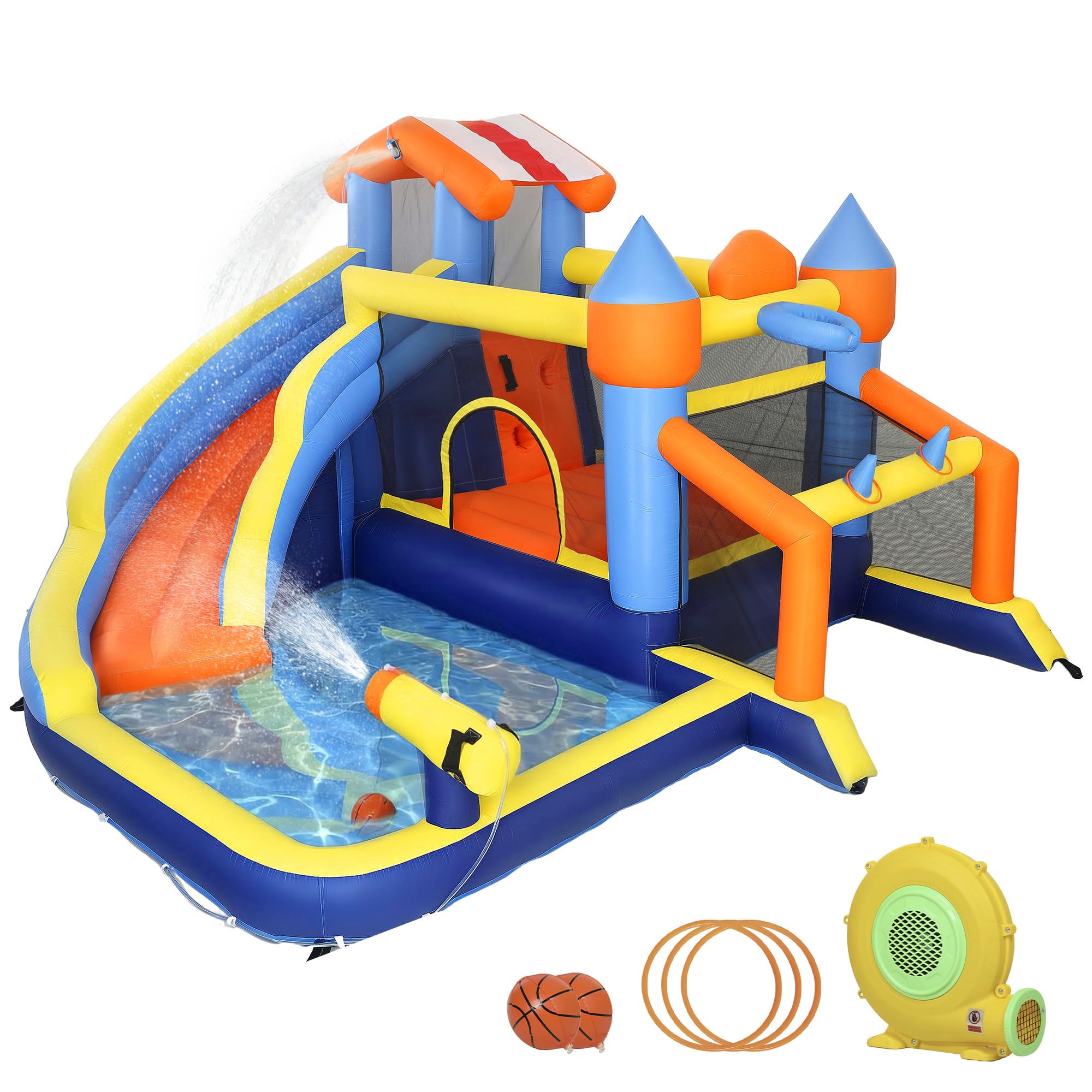 AIYAPLAY Hüpfburg mit Gebläse 8-in-1 aufblasbare Wasserpark mit Wasserrutsche Planschbecken Trampolin Kletterwand Basketballkorb Springburg für 4 Kinder von 3–8 Jahren für Indoor Outdoor 350x325x210cm