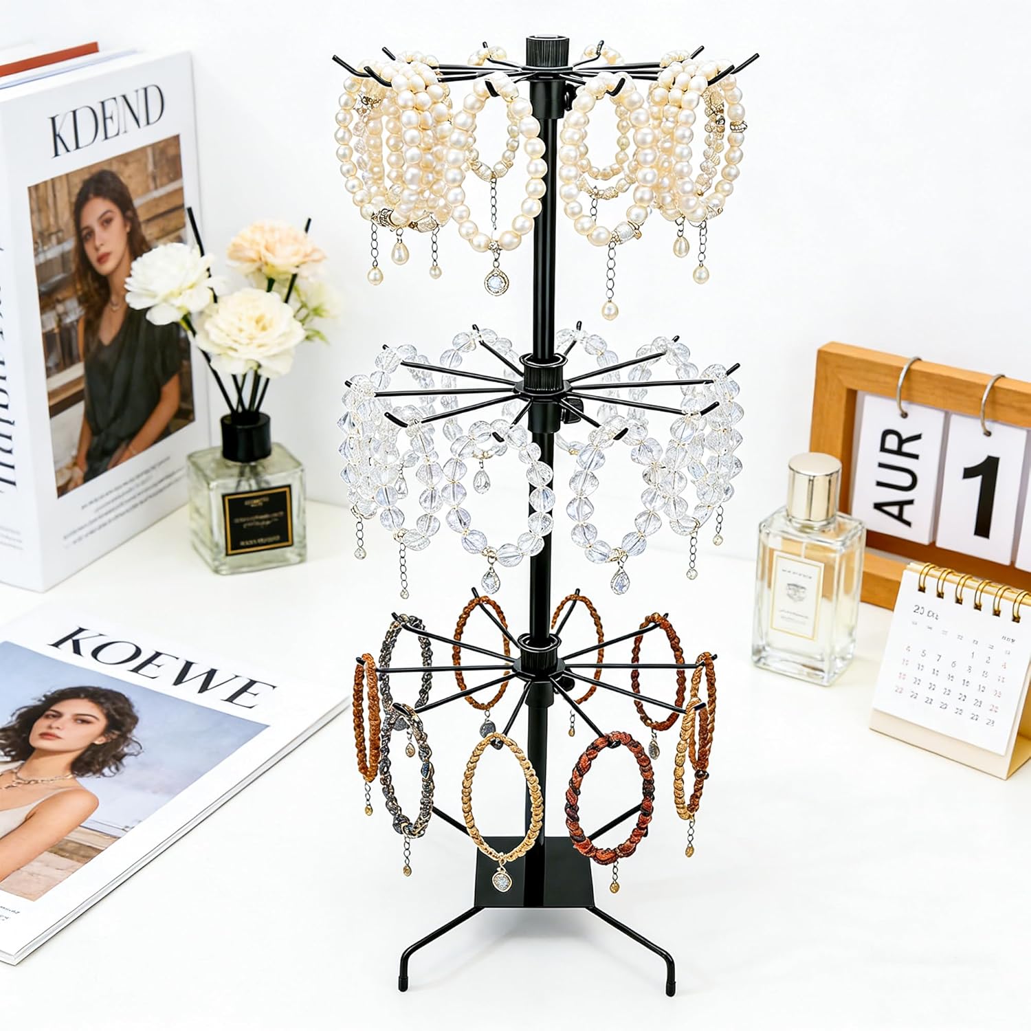SIBAO 3 Tier Rotating Jewelry Display Stand with Hooks, Metal Retail Adjustable Height Holders for Earring,Necklace,Keychains,Key Rings,Bracelet