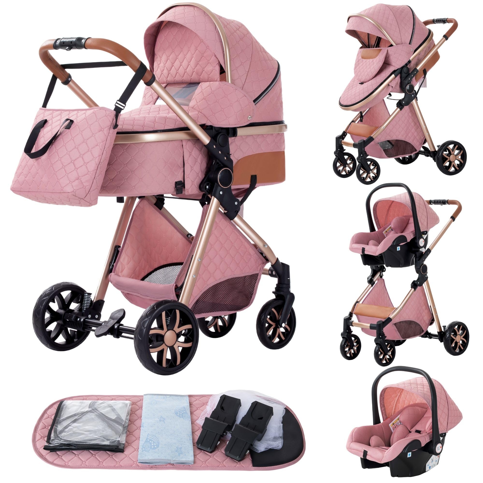 YAZOCO Passeggino 3 in 1 Trio Carrozzina Pieghevole Neonato Set con Parapiedi Zanzariera