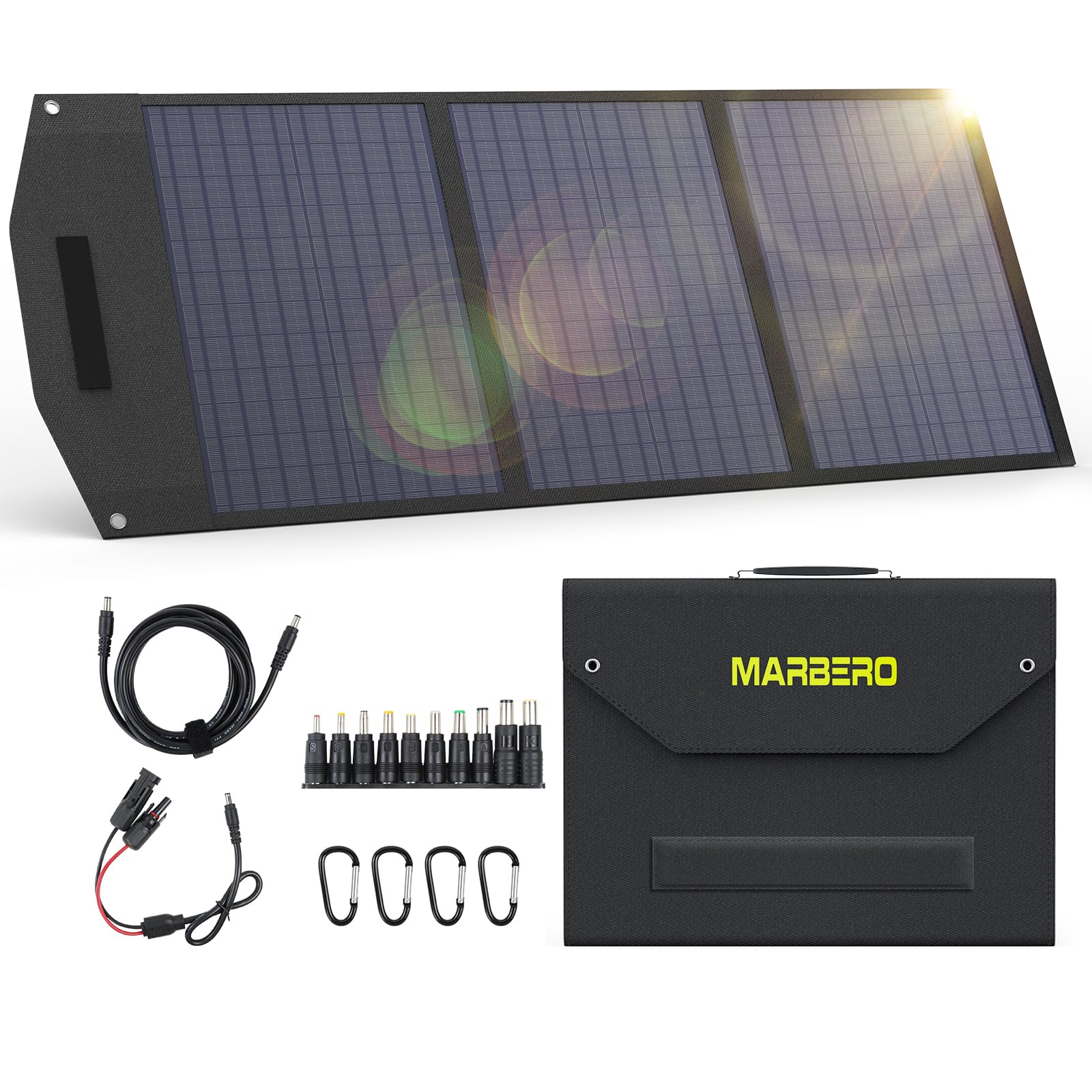 MARBERO 100W Portable Solar Panel 100 Watt Monocrystalline Foldable Solar Panel with QC3.0 USB-A & Type-C DC 18V Output(10 Connectors) IP68 Waterproof 23% High Efficiency for Outdoor Camping Cloudy
