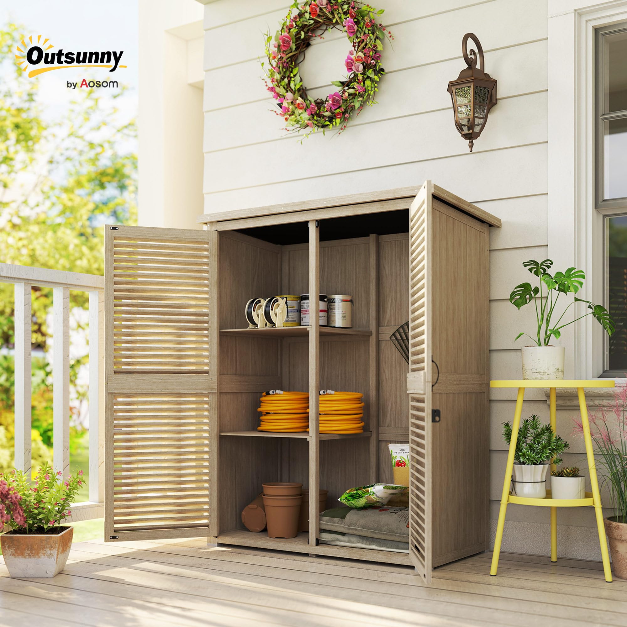 Outsunny Caseta de Jardín de Madera, 127x65x168 cm, Cobertizo Jardín Exterior, Armario para Almacenaje Herramientas, con 2 Puertas de Persiana 2 Estantes Techo Impermeable para Patio Terraza, Natural
