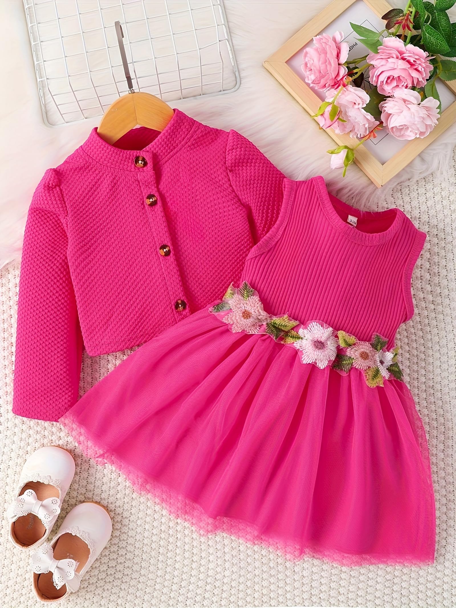 Toddler Baby Girls Dress and Cardigan Sets 2Pcs Floral Sleeveless Tulle Dresses Long Sleeve Button Bolero Shrug Outfits (Hot Pink, 3-6 Months)