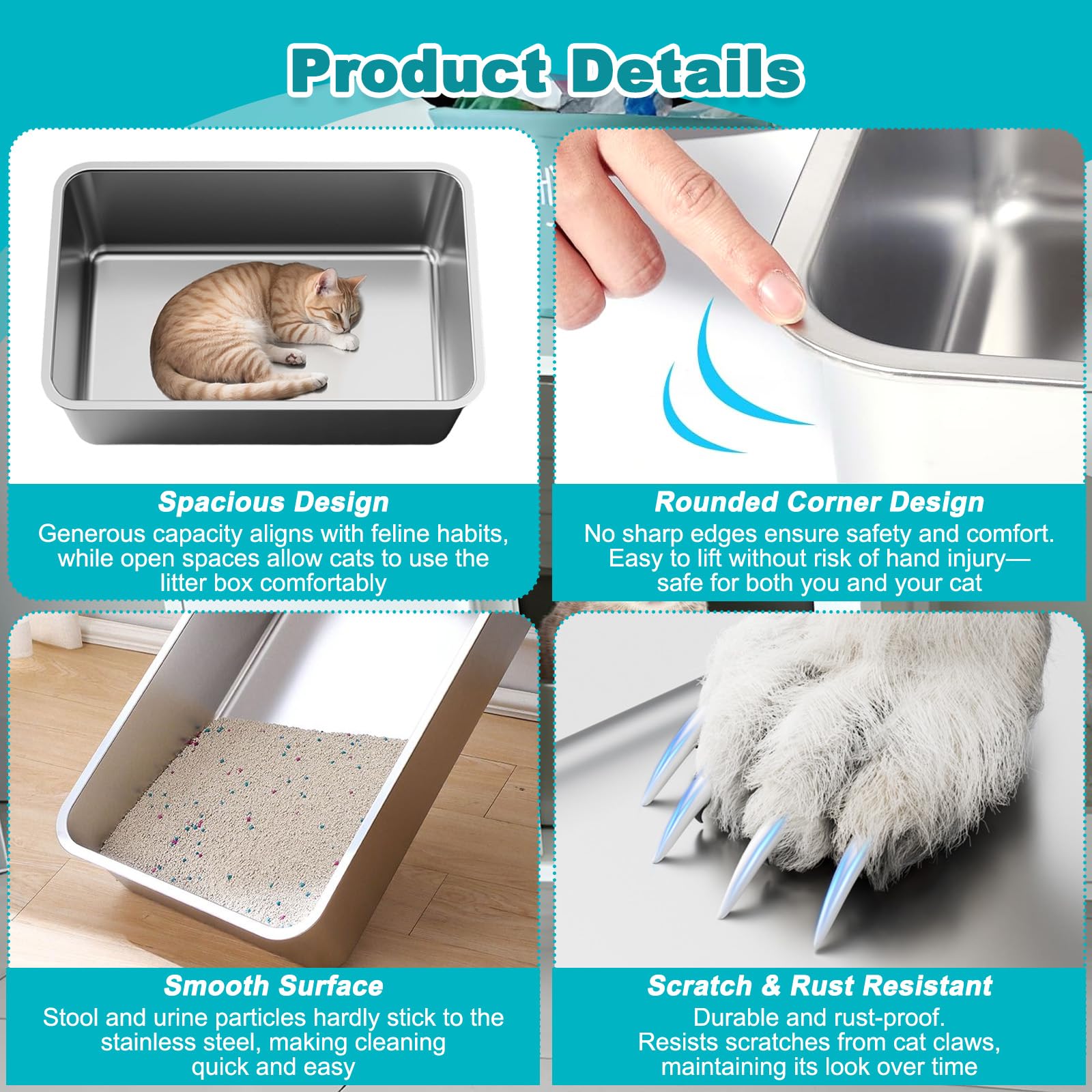 Lettiera per Gatti Acciaio Inox, Lettiere Aperta Grande, Cassetta per Gatto Antiaderente, Vaschetta Gatti Antiruggine, Antiodore, Spaziosa, Facile Pulire, Buca per Gattini,Conigli Piccoli (50x35x15cm)