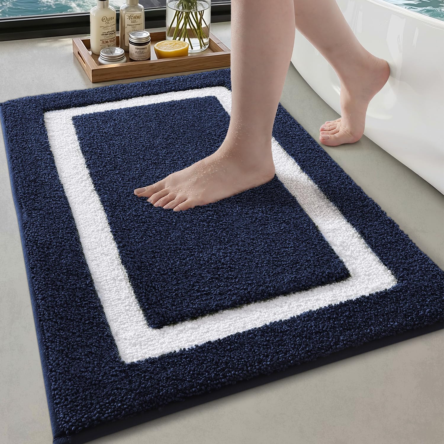 COLOR&GEOMETRY Blue Bath Mat 40 x 60 cm, Absorbent Microfibre Bath Rug, Non-Slip Bathroom Floor Mat, Machine Washable Shower Rug — image 1