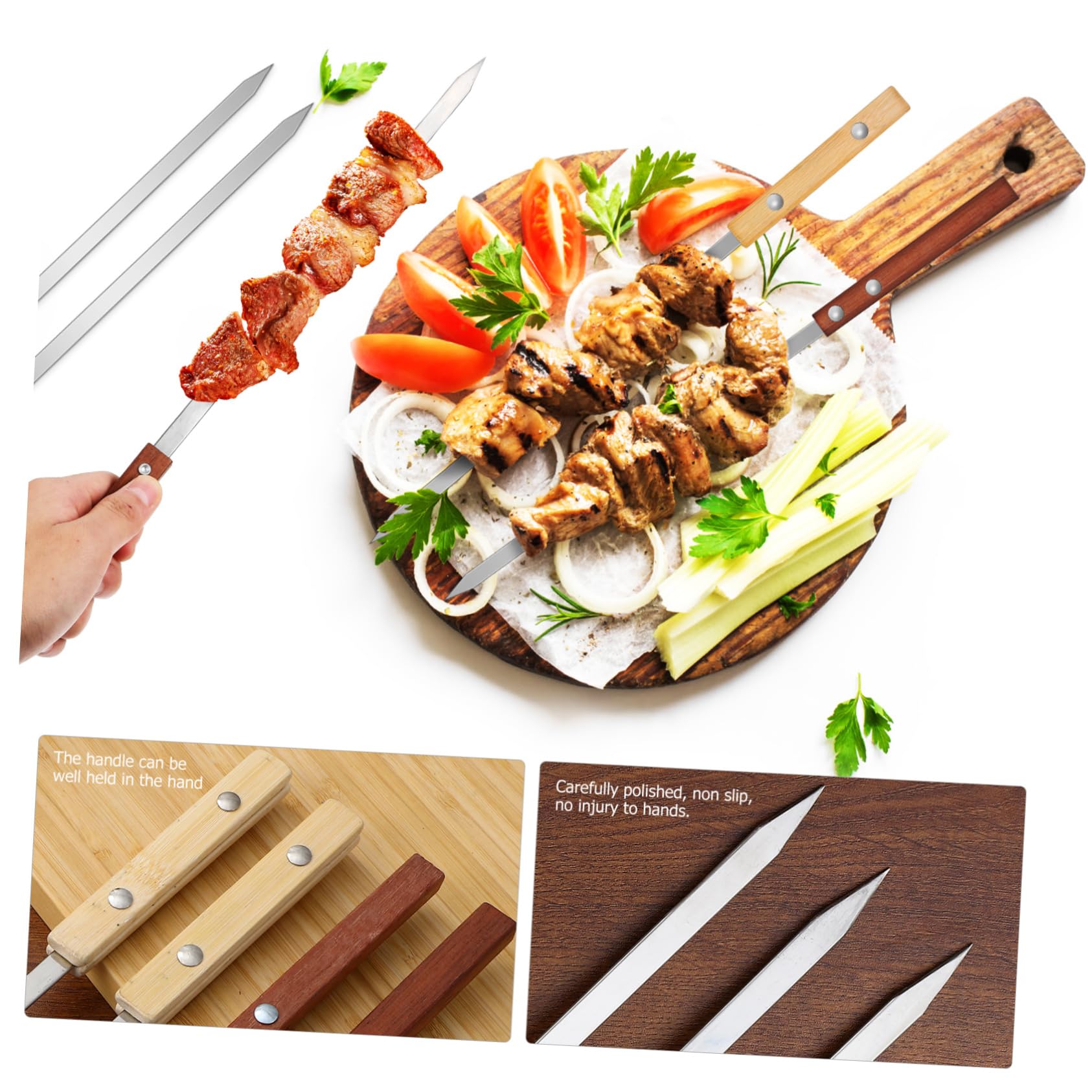 12 Spiedini Barbecue in Acciaio Inox con Manico in Legno, Antiscivolo, per Fissare Saldamente la Carne, per Grigliate All'aperto e Campeggio