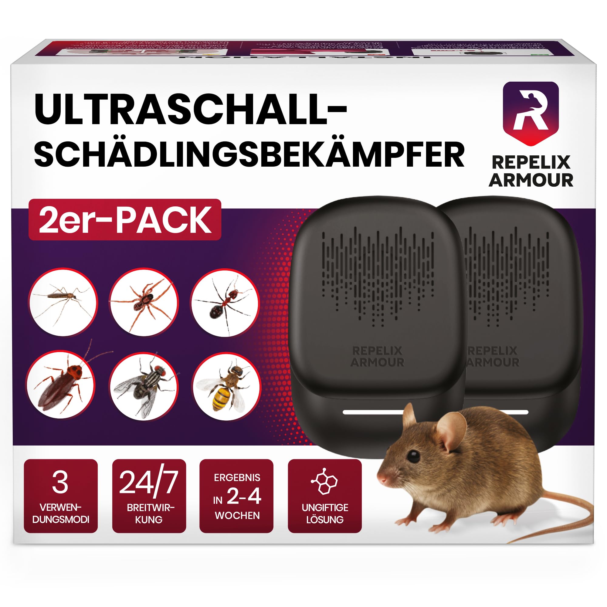 REPELIX ARMOUR Ultraschall-Schädlingsbekämpfer für Innenräume – 2 Pack – Deckt 140m² pro Gerät ab – 3 Modi – Vertreibt Mäuse, Ratten, Spinnen, Mücken, Ameisen, Insekten & Fliegen, PR-025 (Schwarz)