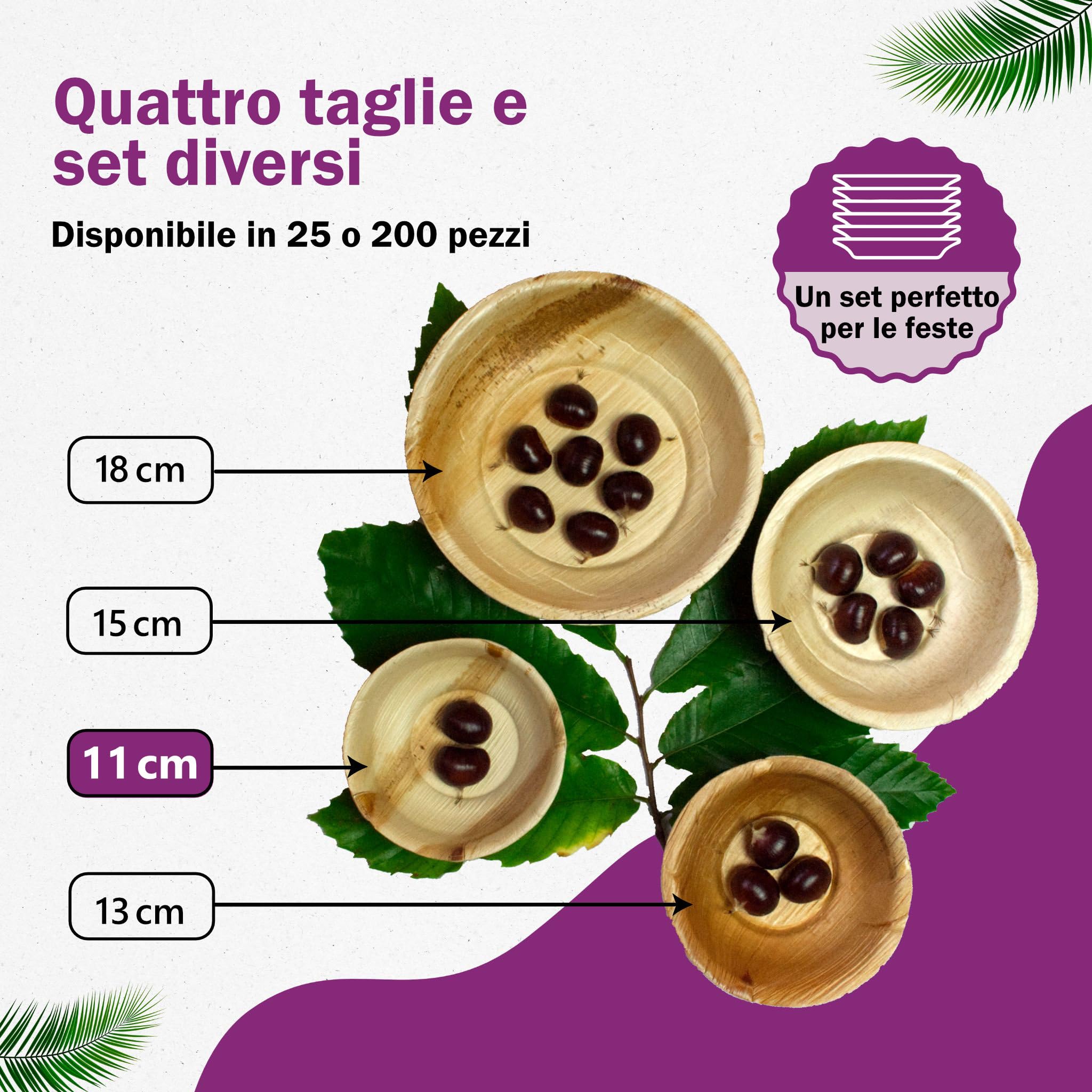 Ciotole in Foglia di Palma Ecologici - 25 Pz 11 cm / 200 ml - Stoviglie usa e getta Compostabili di Alta Qualità - Eleganti e Resistenti - Simile al Bambu - Ideale per Feste