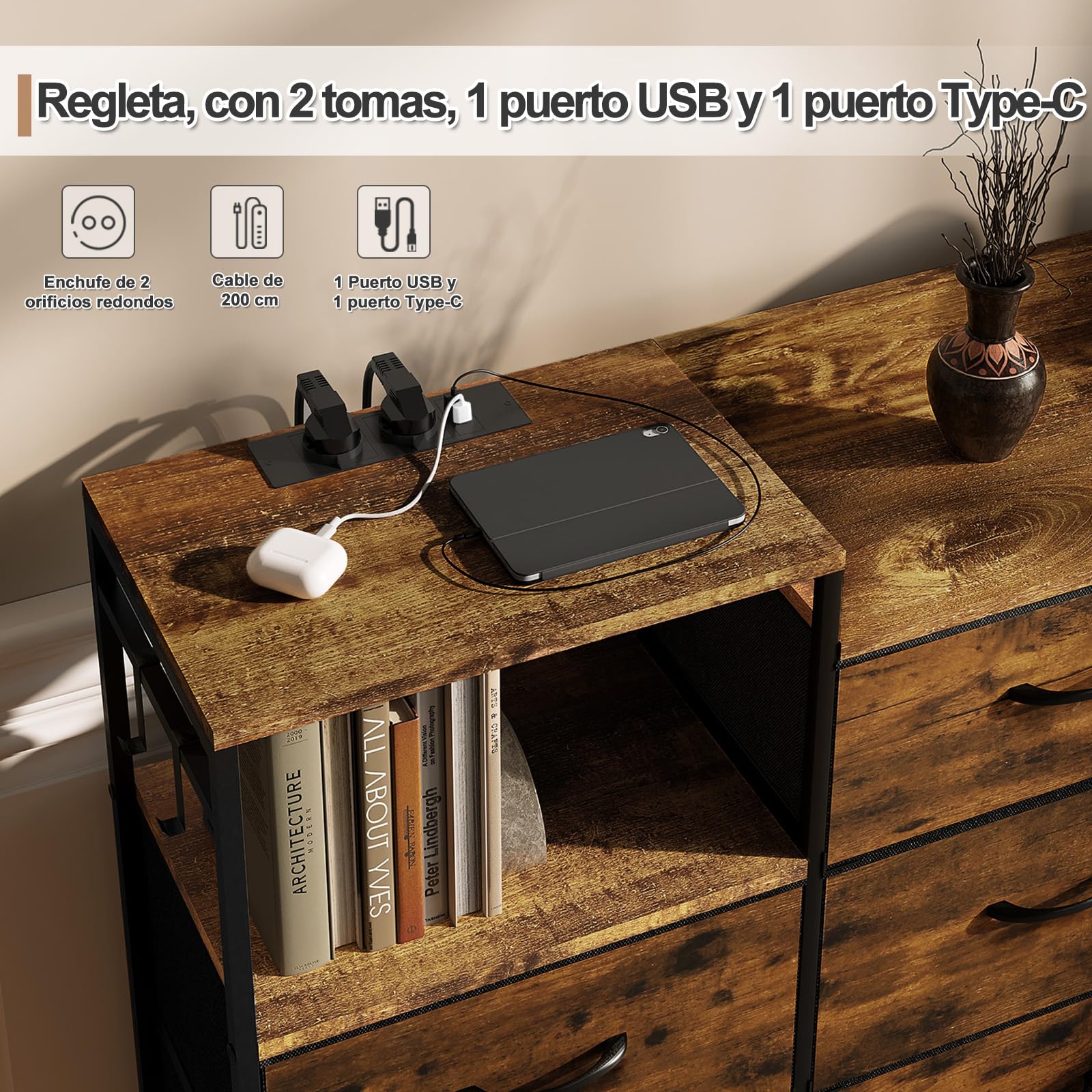 WOLTU Cómoda Dormitorio 8 Cajones de Tela, Estantes de Madera, Armario Comoda de Salon, Cajas Organizadoras, Estructura Metalica, Estilo Industrial, SSK007hov