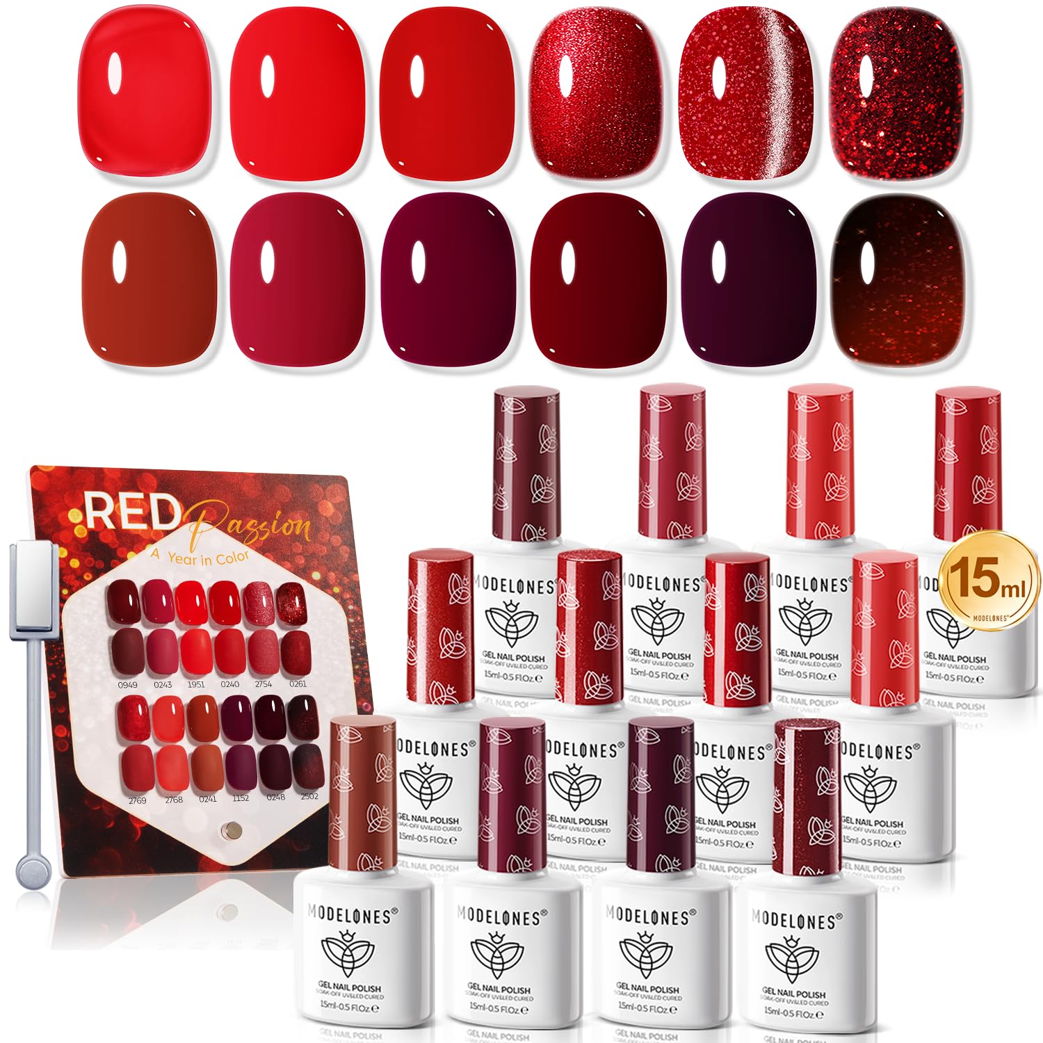 modelones 12Pcs 15ML Red Gel Nail Polish Set, Same Bottle Same Bottle Burgundy Cherry Dark Red Cat Eye Glitter Color Changing Hema Free Gel Polish Kit with Magnet Soak Off Manicure Nail Art DIY