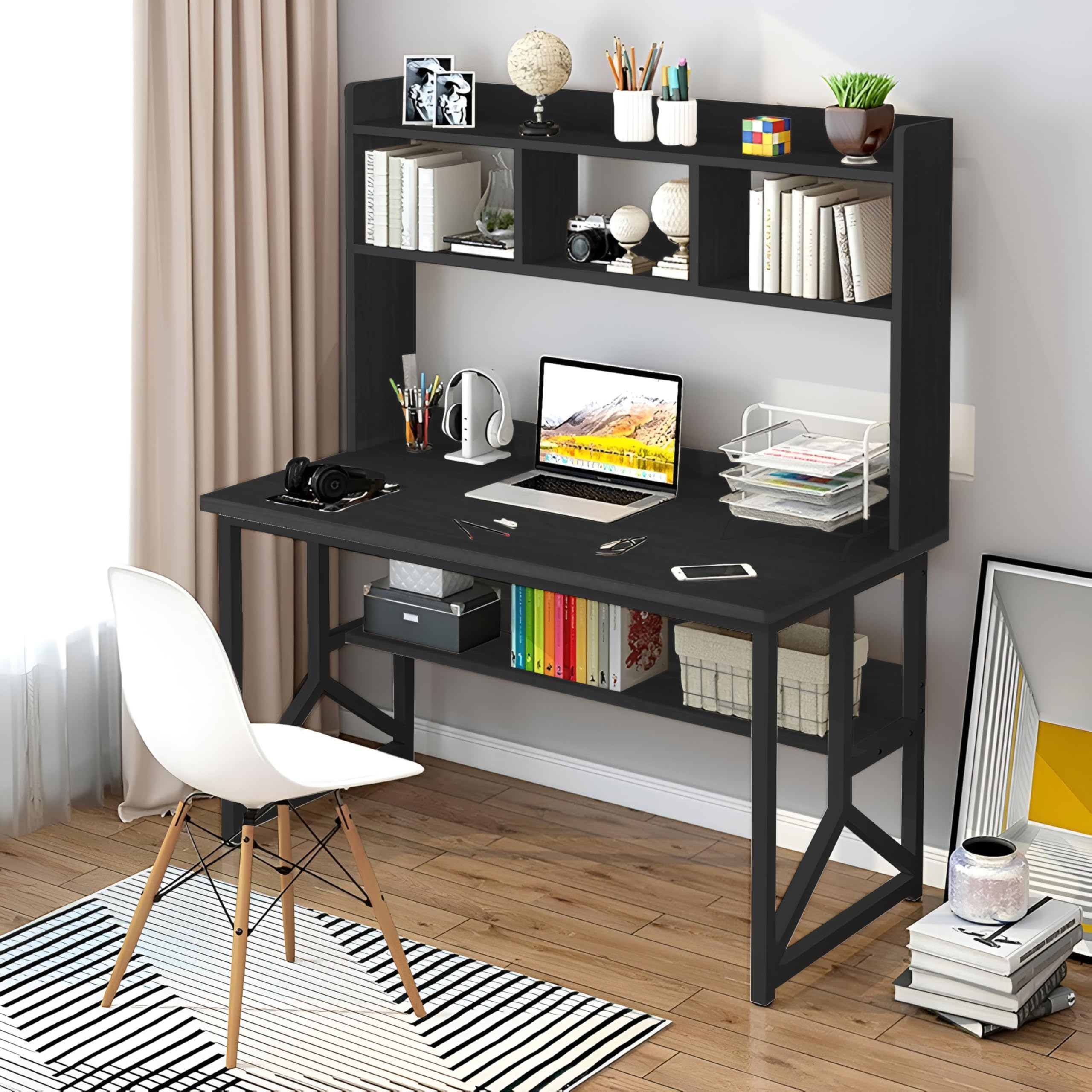 ZUIHAO Study Writing Desk with Bookshelf, Work Table for Home Office 120 * 60 * 141.5cm, Black