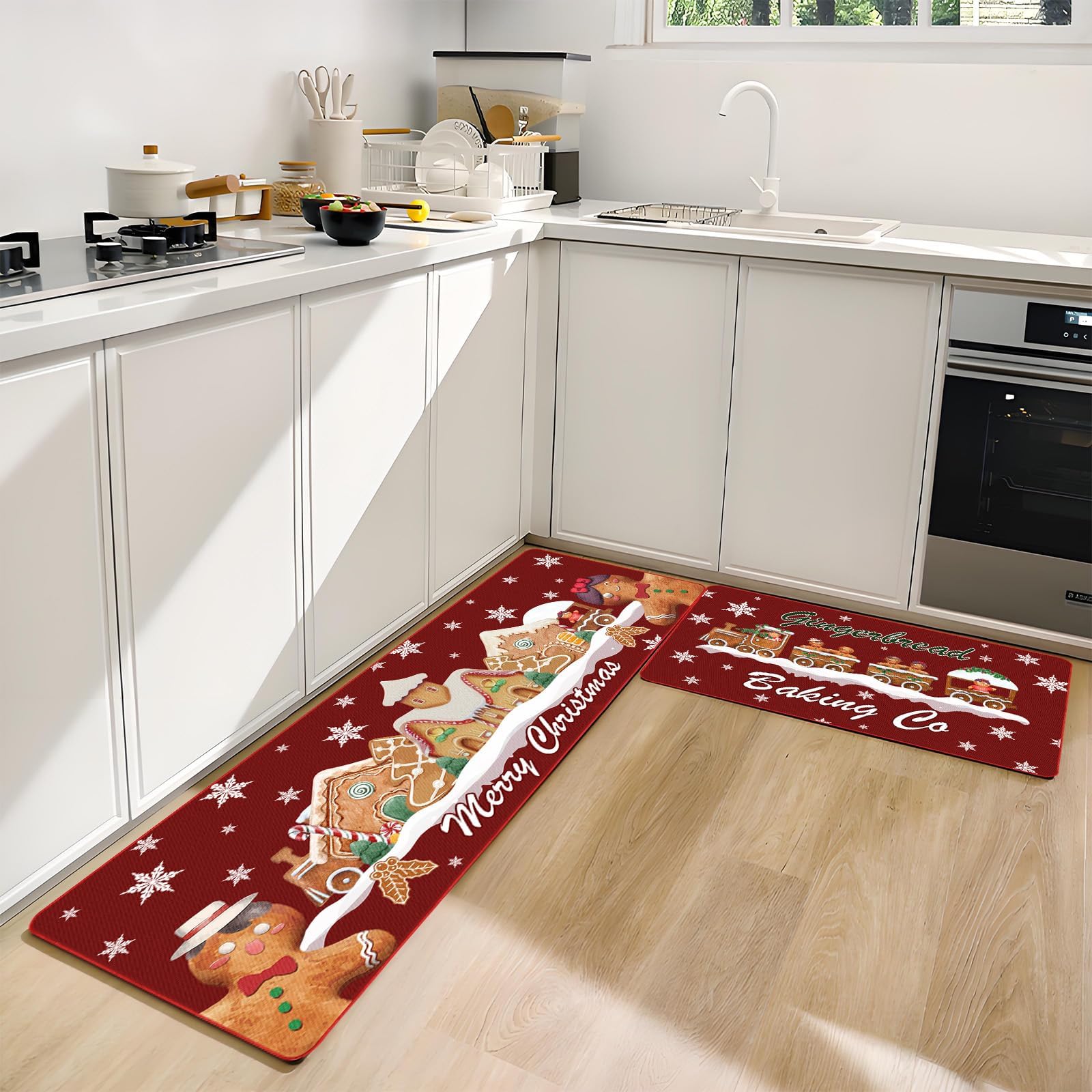 Set di 2 tappetini e tappeti natalizi a forma di pan di zenzero, decorazioni natalizie, per la casa e la cucina in fattoria