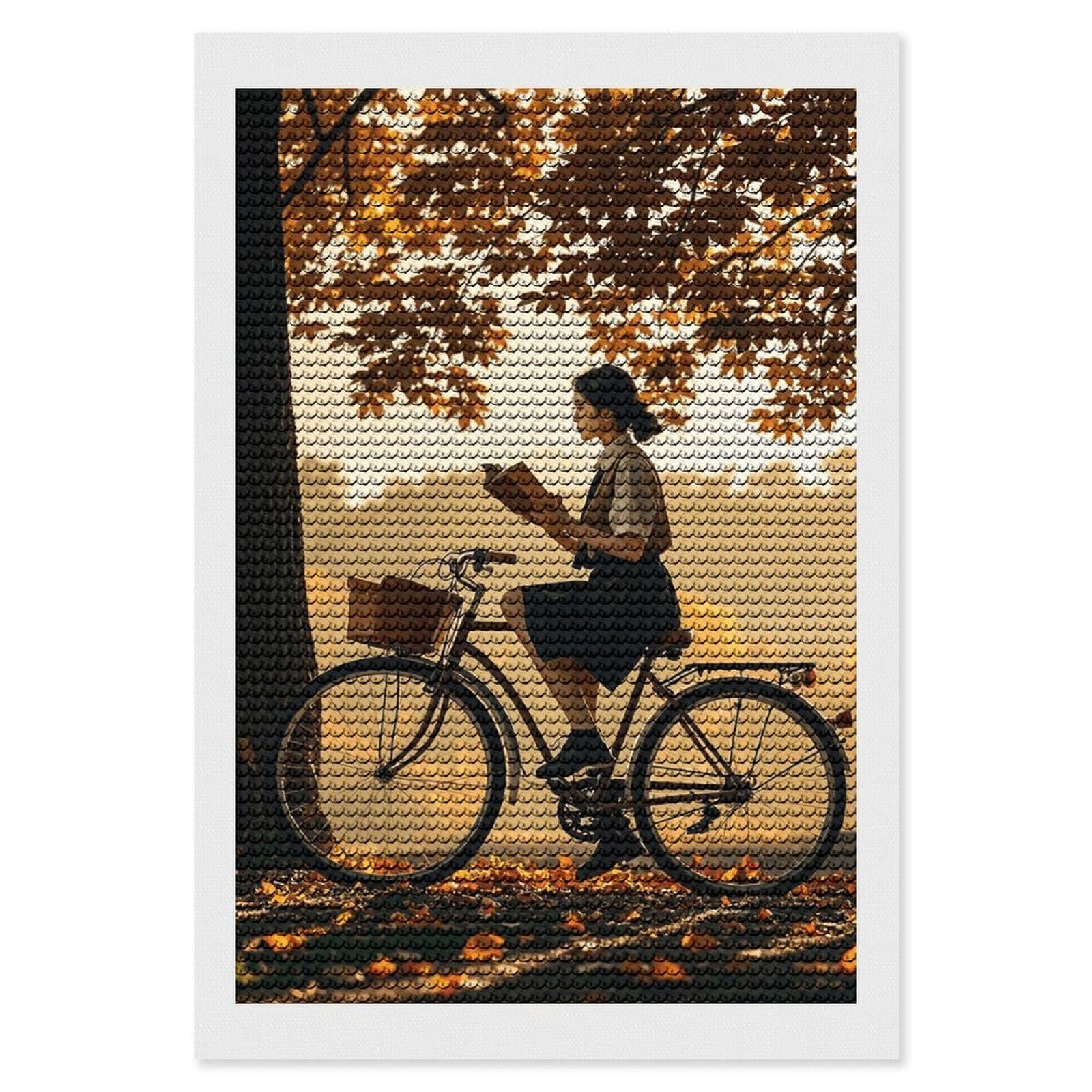 FekiLoot Silhouette of A Women on A Bicycle in The Fall Diamond Art Kits for Adults, 5D Aurora Diamond Painting Kits for Beginners DIY Full Drill Dots Gem Art Paint Crafts for Home Wall Decor 8"x12"