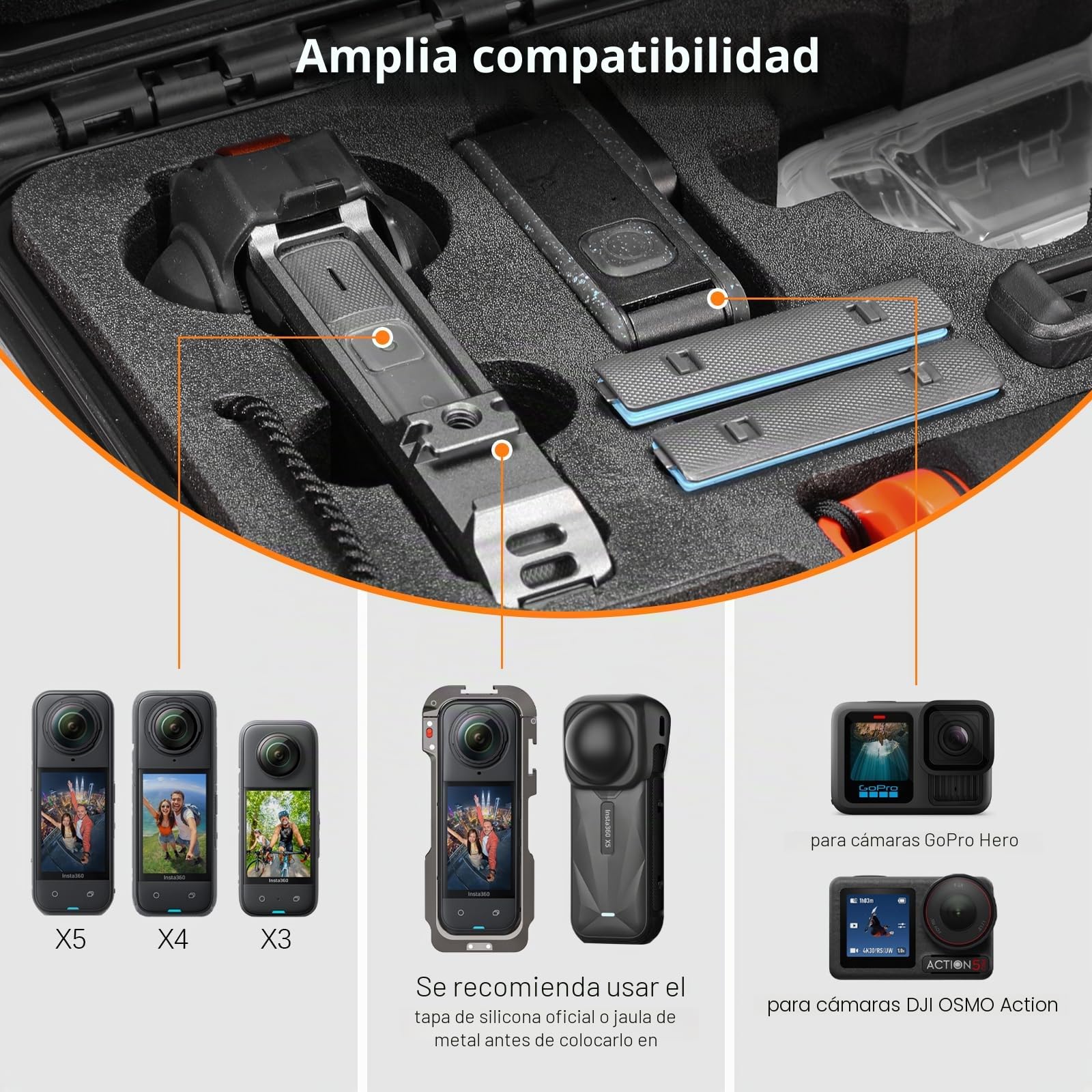 AMAZEAR Funda rígida para Accesorios Insta360 X5 /X4 Air, Insta 360 X5 Impermeable, Funda rígida Protectora para Kit de Buceo, Mango de Tiempo Bala 2.0 con Correa para el Hombro, Doble Capa, Negro