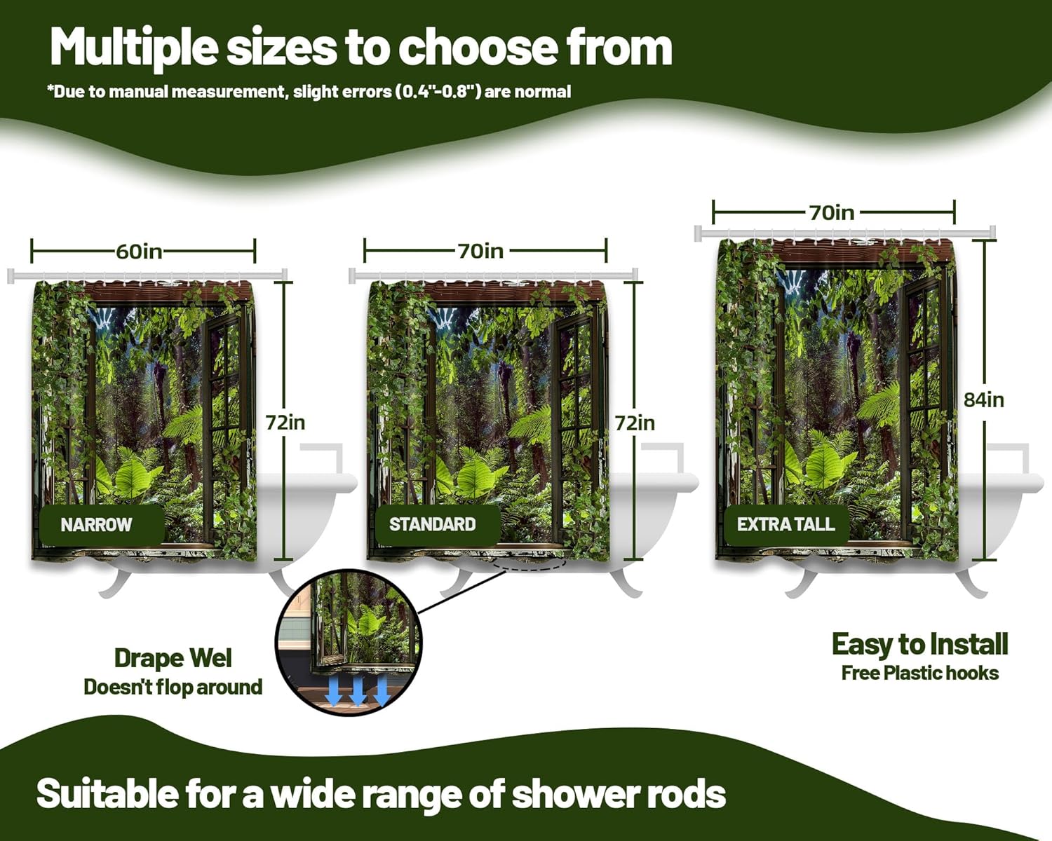 Jungle Rainforest Shower Curtain 3D Wooden Windows Nature Landscape Scenic Bathroom Decor, Waterproof Cloth Fabric with Hooks 60" W x 72" L