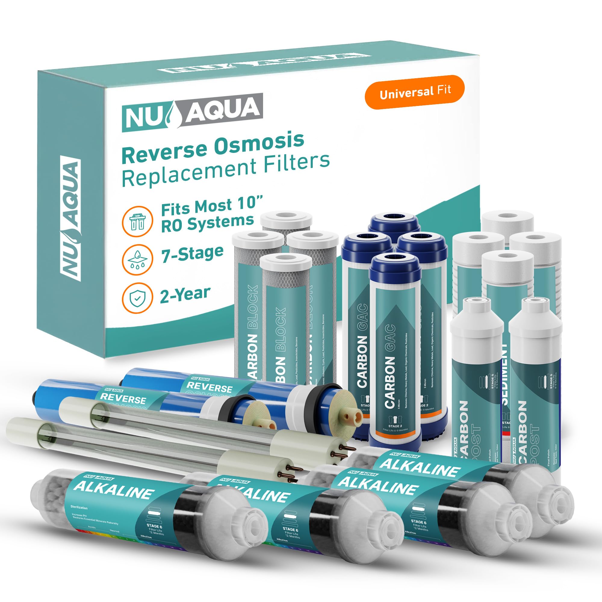 NU Aqua Reverse Osmosis Water Filter System Replacement Set - 7 Stage 2 Year Alkaline & UV Under Sink Kit - Membrane, Sediment, Carbon Filters, Parts & Fittings - Universal RO Filtration Cartridge