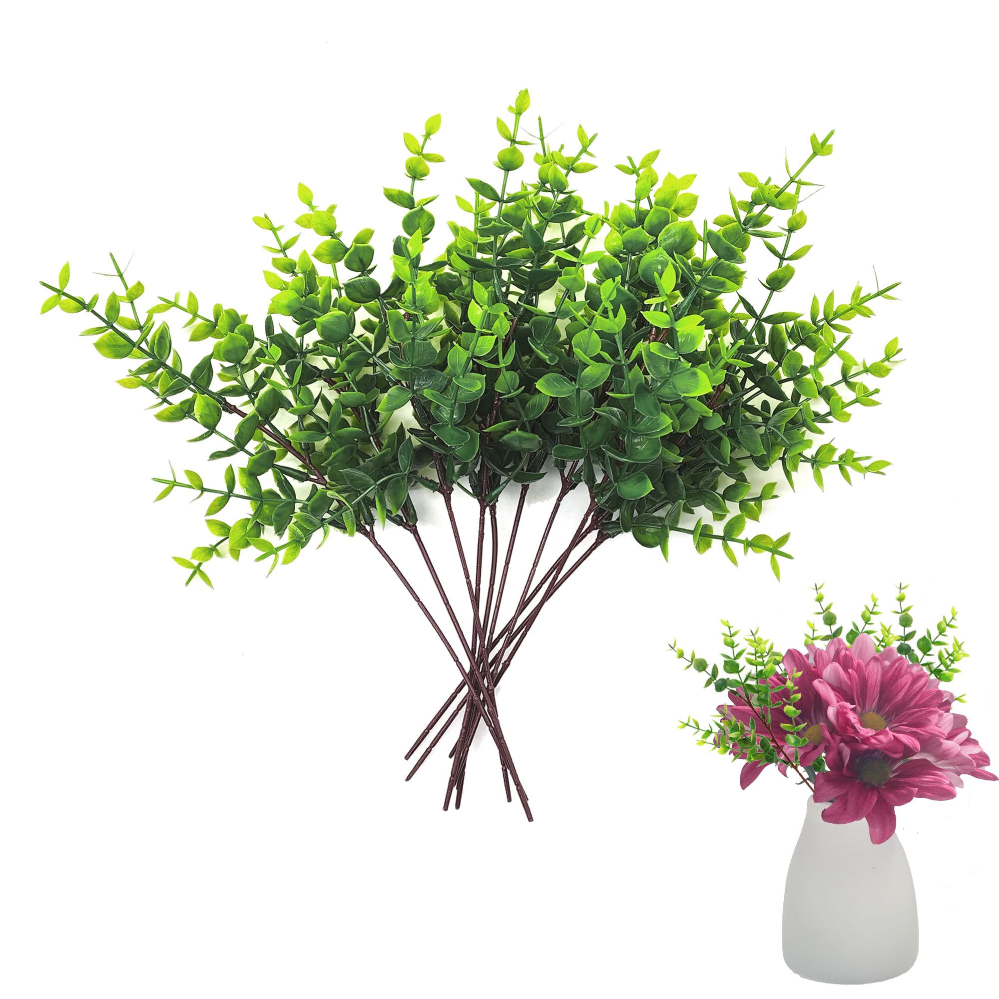 XCSJ 10 Pcs Faux Branches Eucalyptus Séchés Branches et Feuilles d'Eucalyptus Artificielles Branches D'Eucalyptus Vert Decoration Plantes Branches Simulation pour Jardin, Balcon, Maison,28cm (A