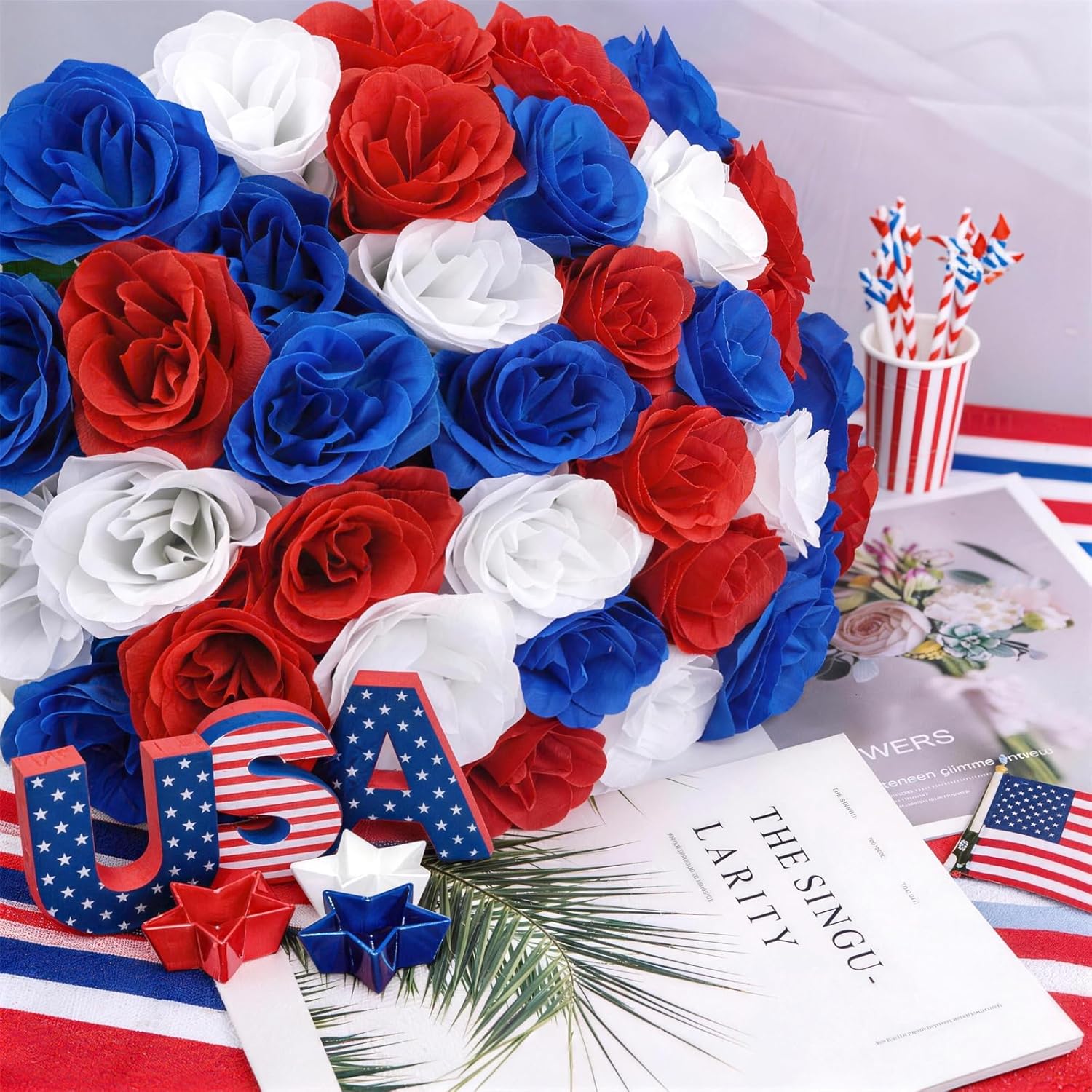 100 Pcs Roses Red White and Blue Flowers Patriotic Centerpieces for Tables, 4th of July Patriotic Decorations for Memorial Day Party Table Centerpieces Home Decor