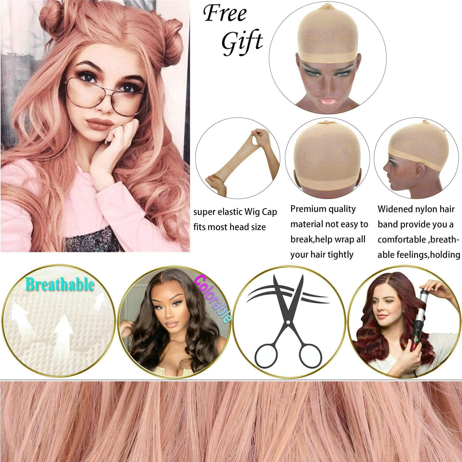 24" Lungo rosa ondulato parrucche per le donne sintetico pizzo anteriore miscelato rosa calore sicuro sostituzione dei capelli parrucche Halloween Cosplay giornaliero partito uso parrucca mezzo Parted